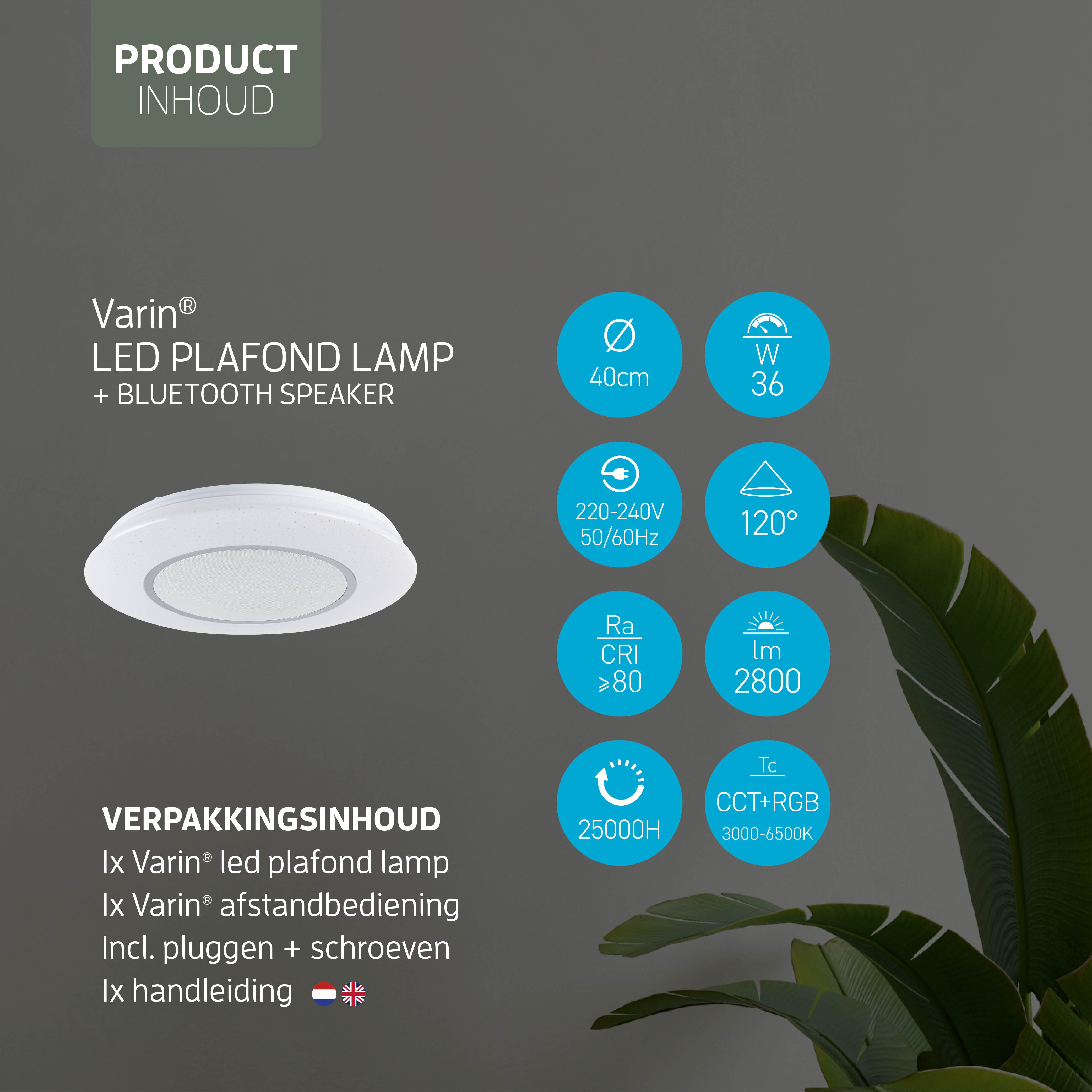 Varin Bluetooth LED Plafondlamp badkamer RGBW (CCT) - 40 cm - incl Bluetooth speaker