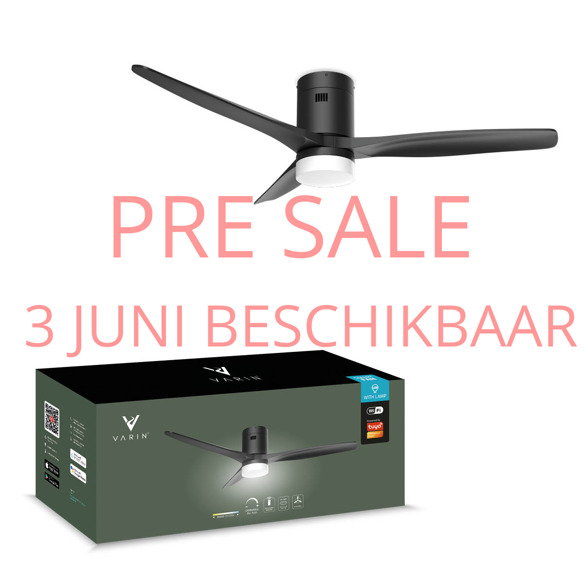 Smart Plafondventilator (hout) met Verlichting - Zwart - 132cm - WiFi