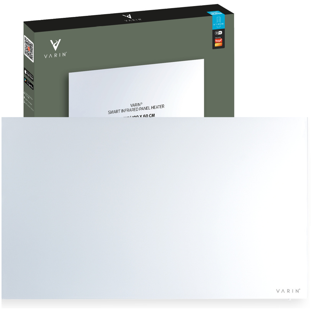 Varin® Smart Design Infrarood verwarmingspaneel - 600W - 100x60cm - Helder wit glas - IP24 - Tuya Wifi