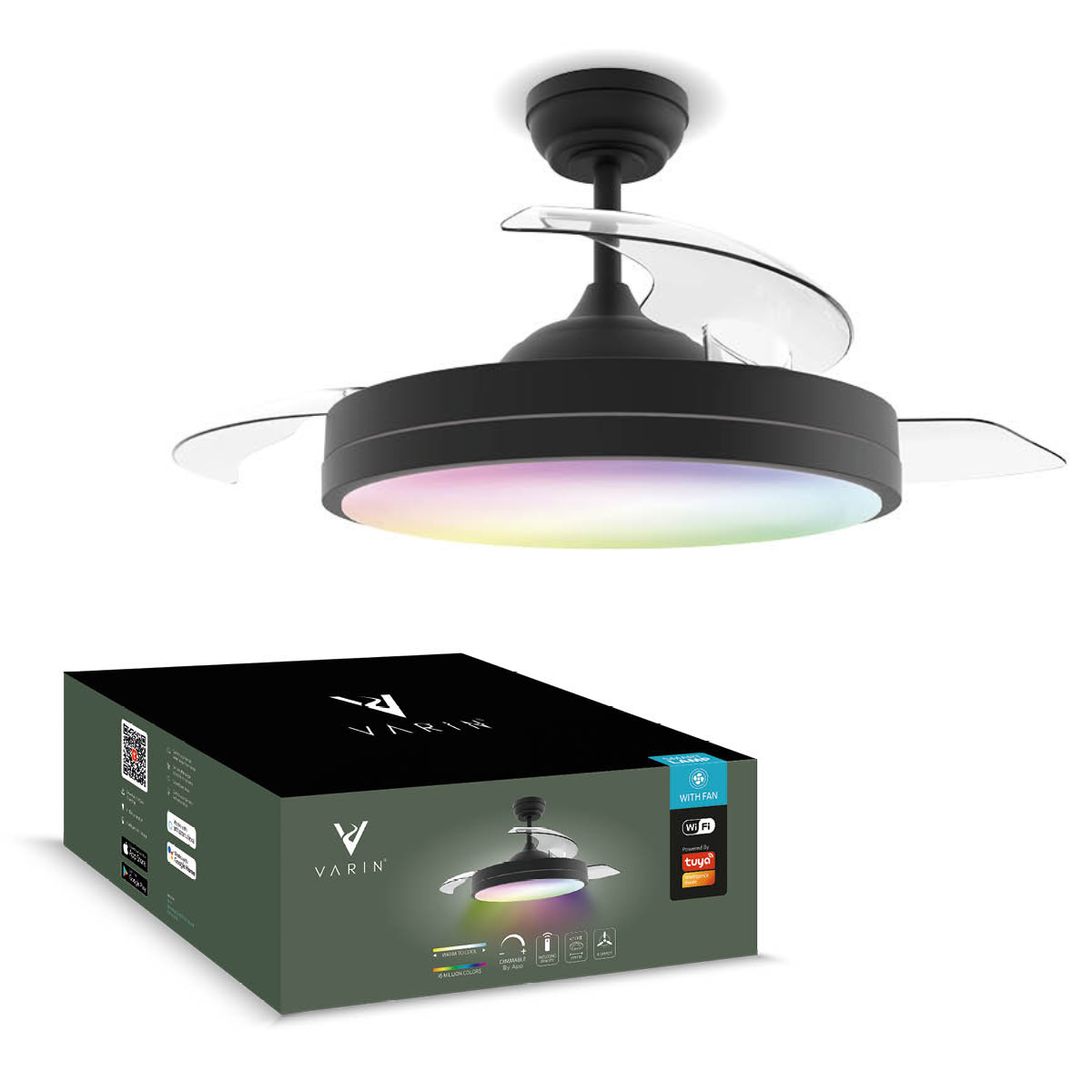 Plafondlamp met uitklapbare ventilator - Zwart - 108cm - WiFi