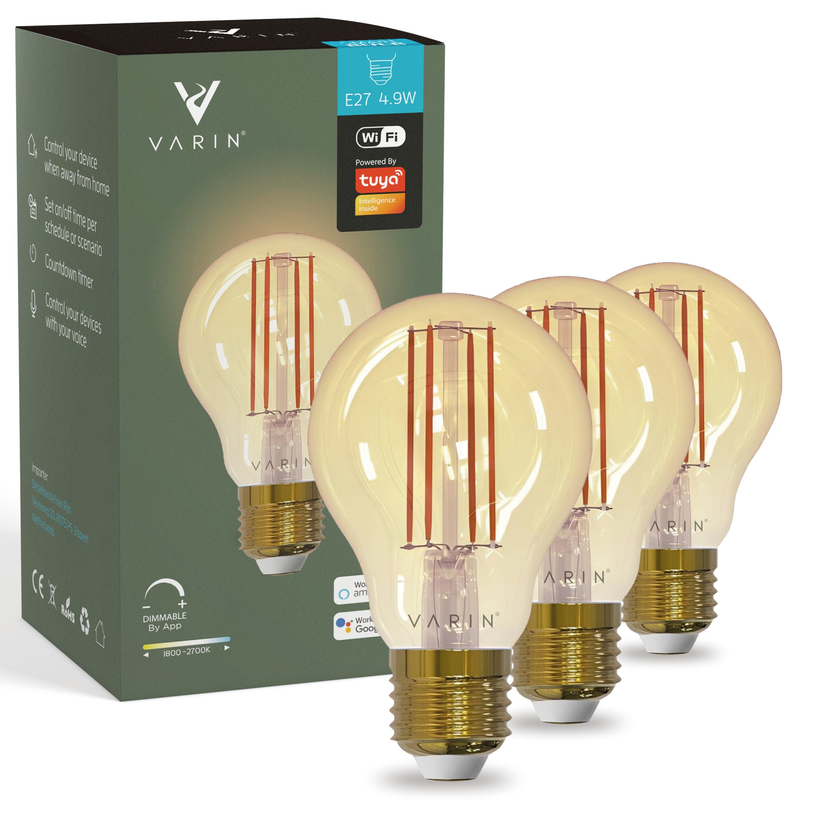 Varin Smart Wifi LED Filament Lamp E27 - 5W - A60 - Extra warm wit - 1800-2700K (CCT) - Tuya - 3 Pack