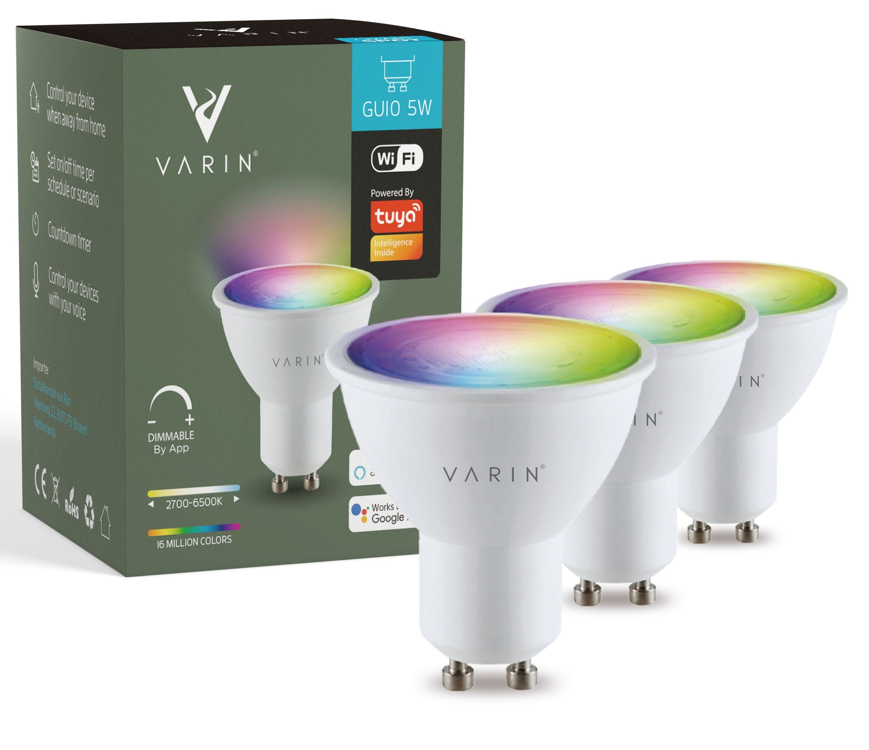Varin Smart Wifi LED Spot GU10 - 5W - RGBW (CCT) - 2700-6500K - Tuya - 3 Pack