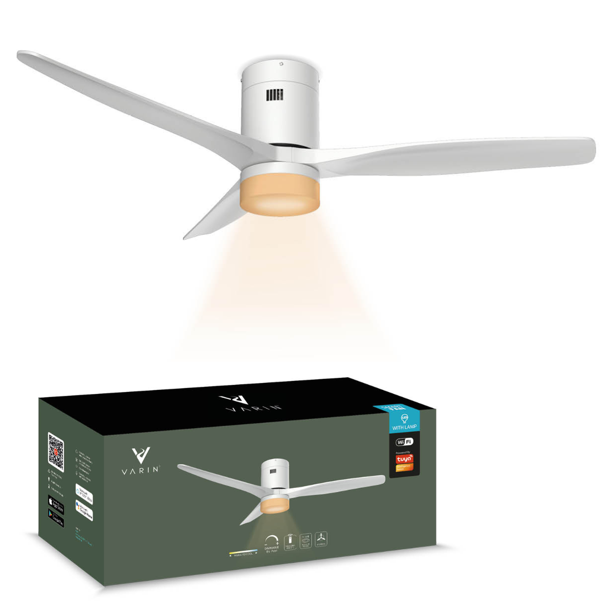 Smart Plafondventilator (hout) met Verlichting - Wit - 132cm - WiFi