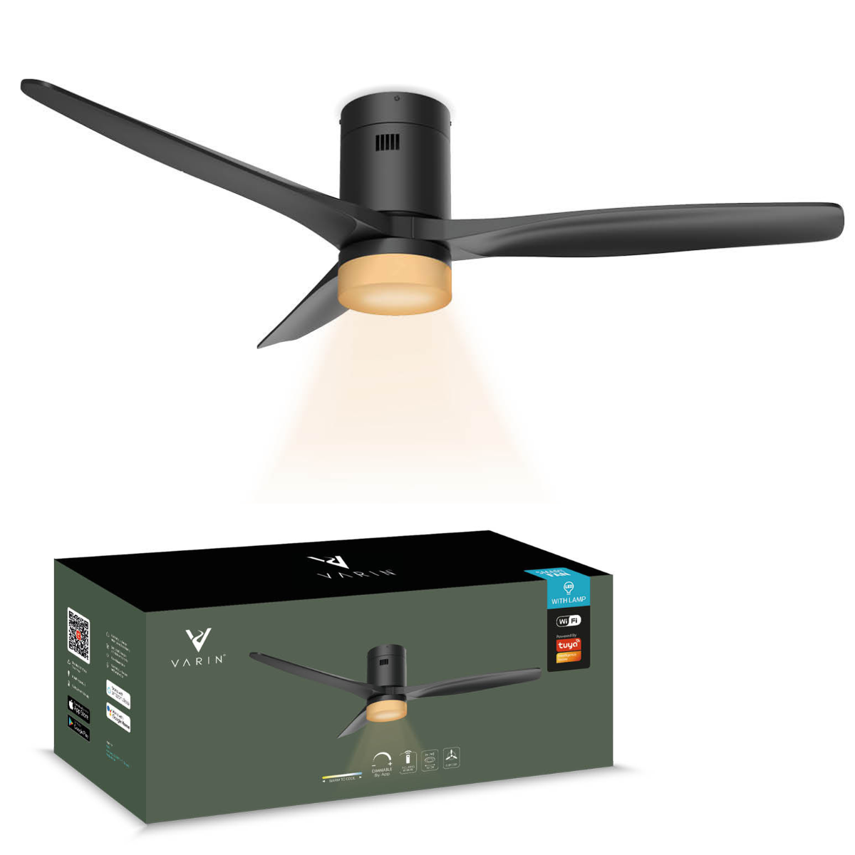Smart Plafondventilator (hout) met Verlichting - Zwart - 132cm - WiFi