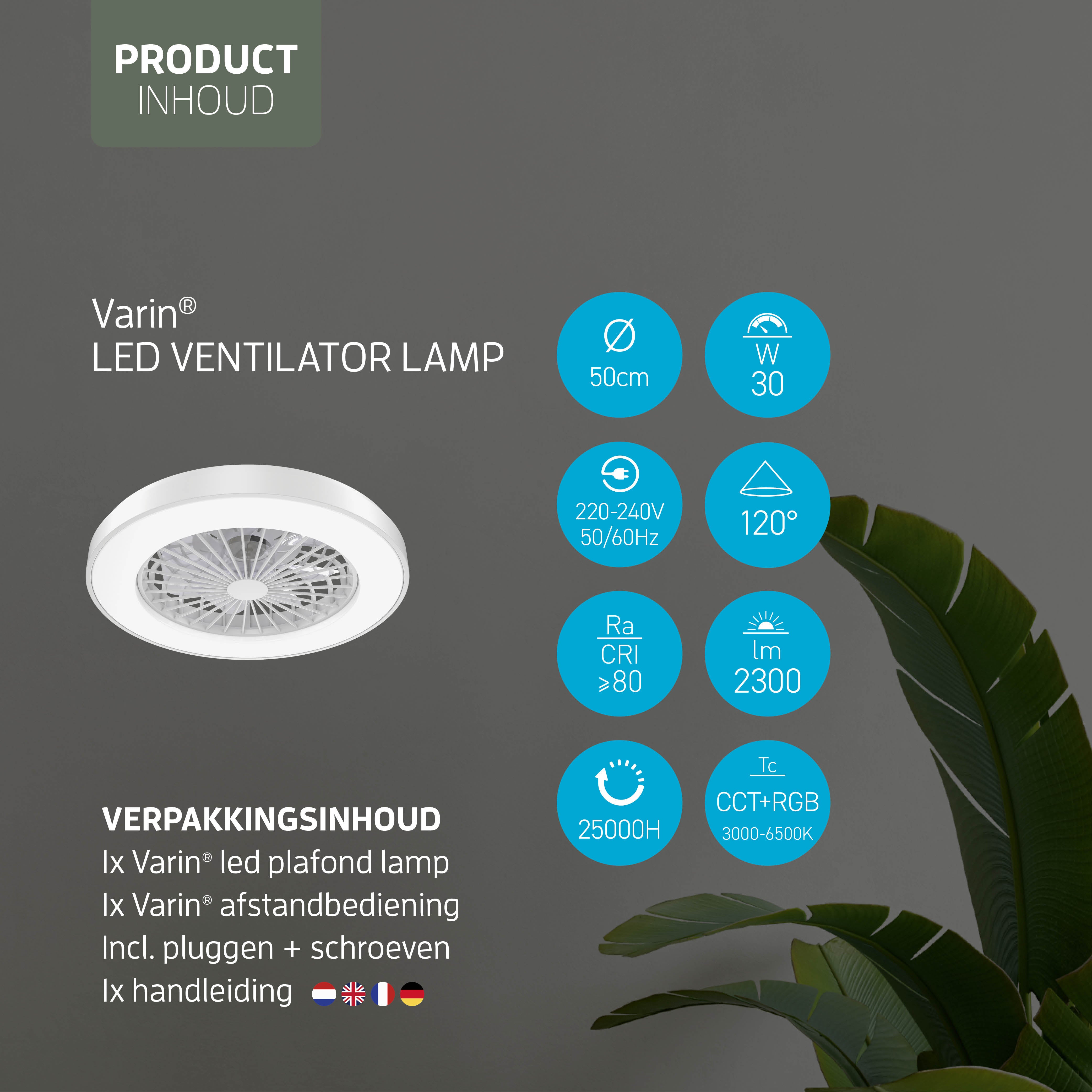 Varin Smart Wifi LED Plafondlamp met ventilator RGBW (CCT) - 50 cm - Tuya - Wit