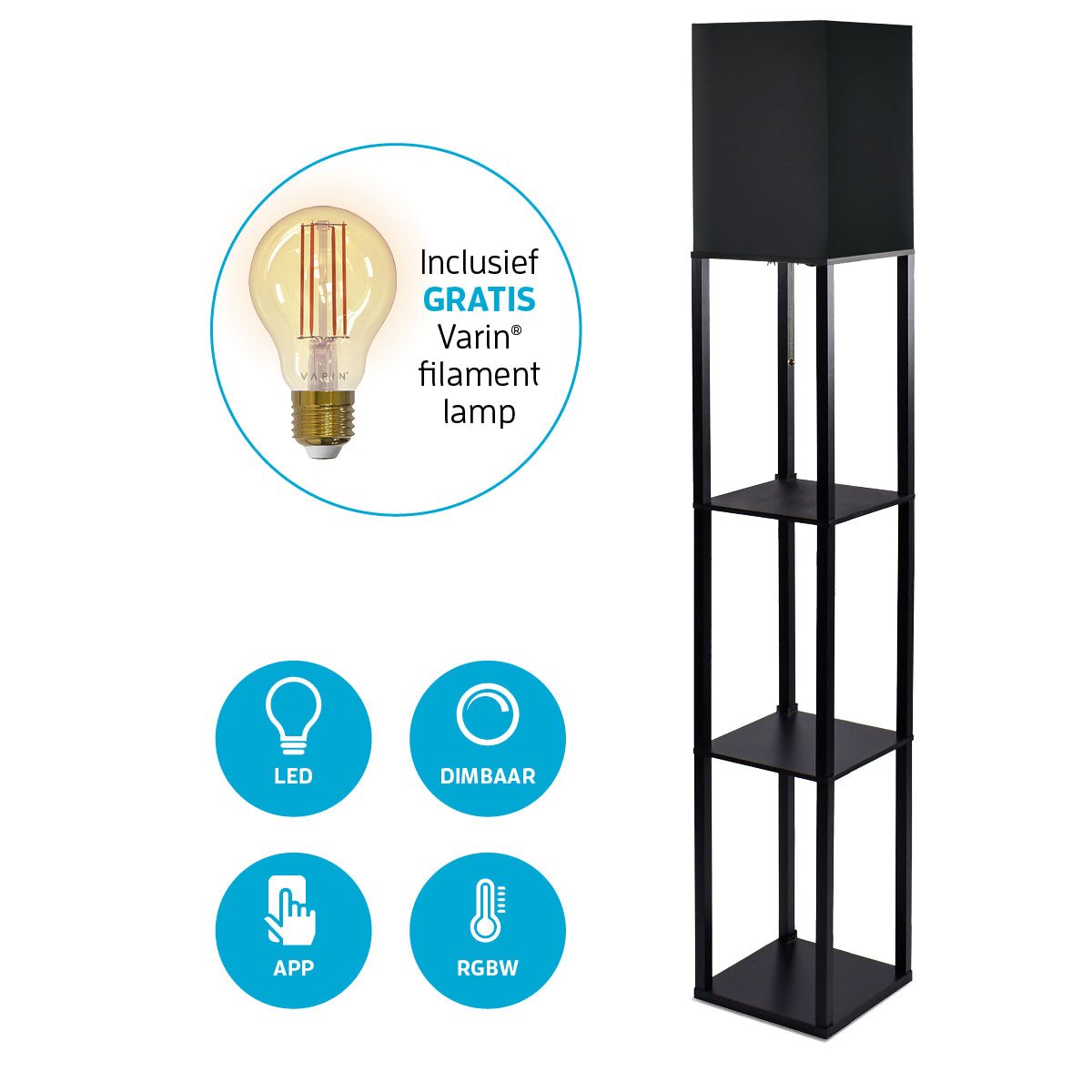 Varin Smart Wifi Stehleuchte mit Fächern – Schwarzer Schirm – 160 cm hoch – inkl. LED-Lampe E27 - 1800-2700K (CCT) - Tuya