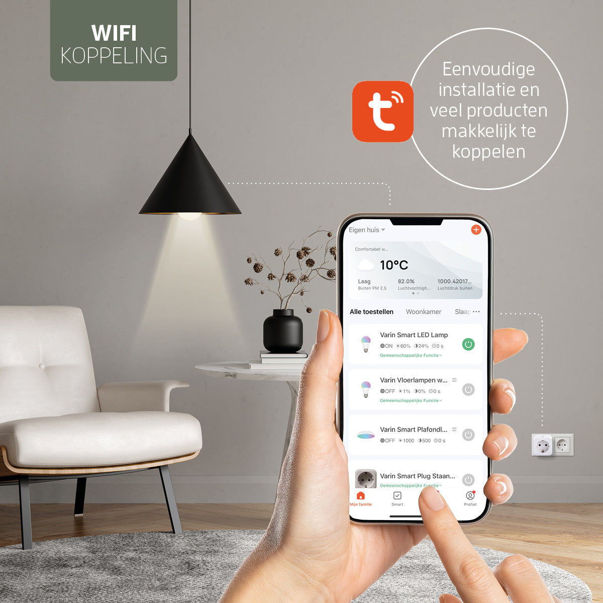Varin Smart Wifi Stehleuchte mit Fächern – Schwarzer Schirm – 160 cm hoch – inkl. LED-Lampe E27 - 1800-2700K (CCT) - Tuya
