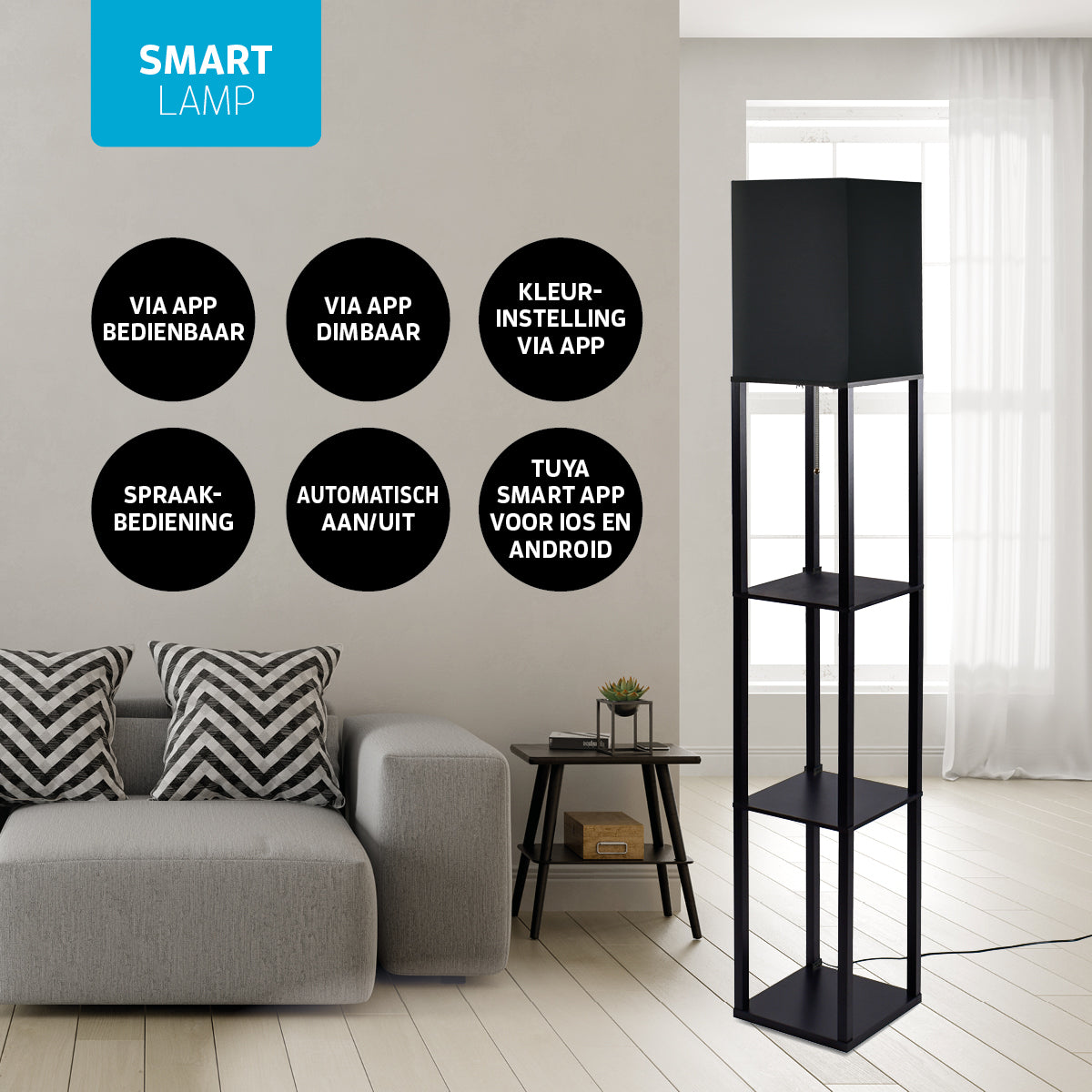 Varin Smart Wifi Stehleuchte mit Fächern – Schwarzer Schirm – 160 cm hoch – inkl. LED-Lampe E27 - 1800-2700K (CCT) - Tuya