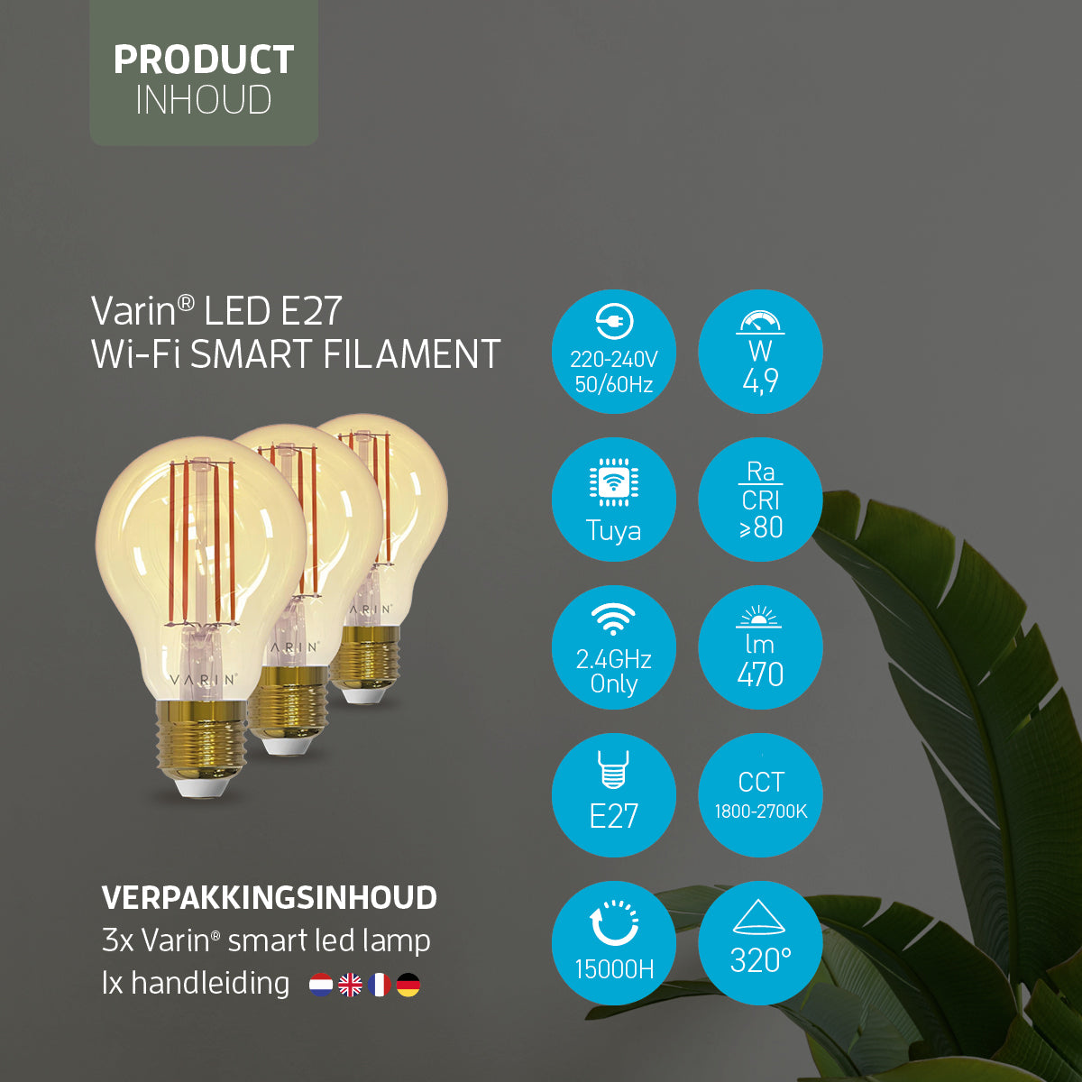 Varin Smart Wifi LED Filament Lamp E27 - 5W - A60 - Extra warm wit - 1800-2700K (CCT) - Tuya - 3 Pack