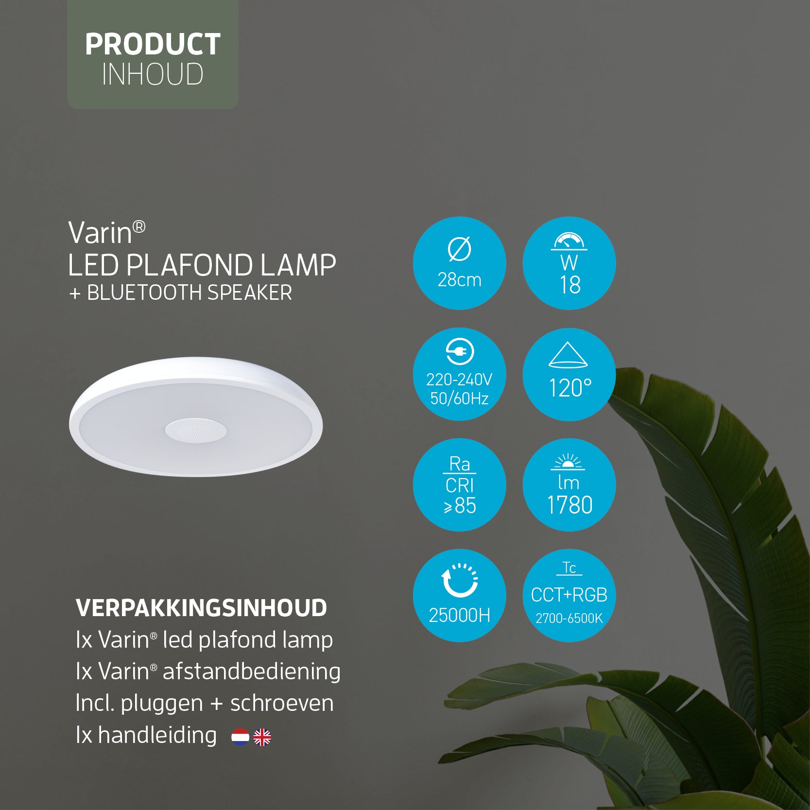 Varin® Smart LED Badkamerlamp met Bluetooth speaker - Ø 28cm - Wit - IP44 Spatwaterdicht - RGBW (CCT) - Tuya Wifi