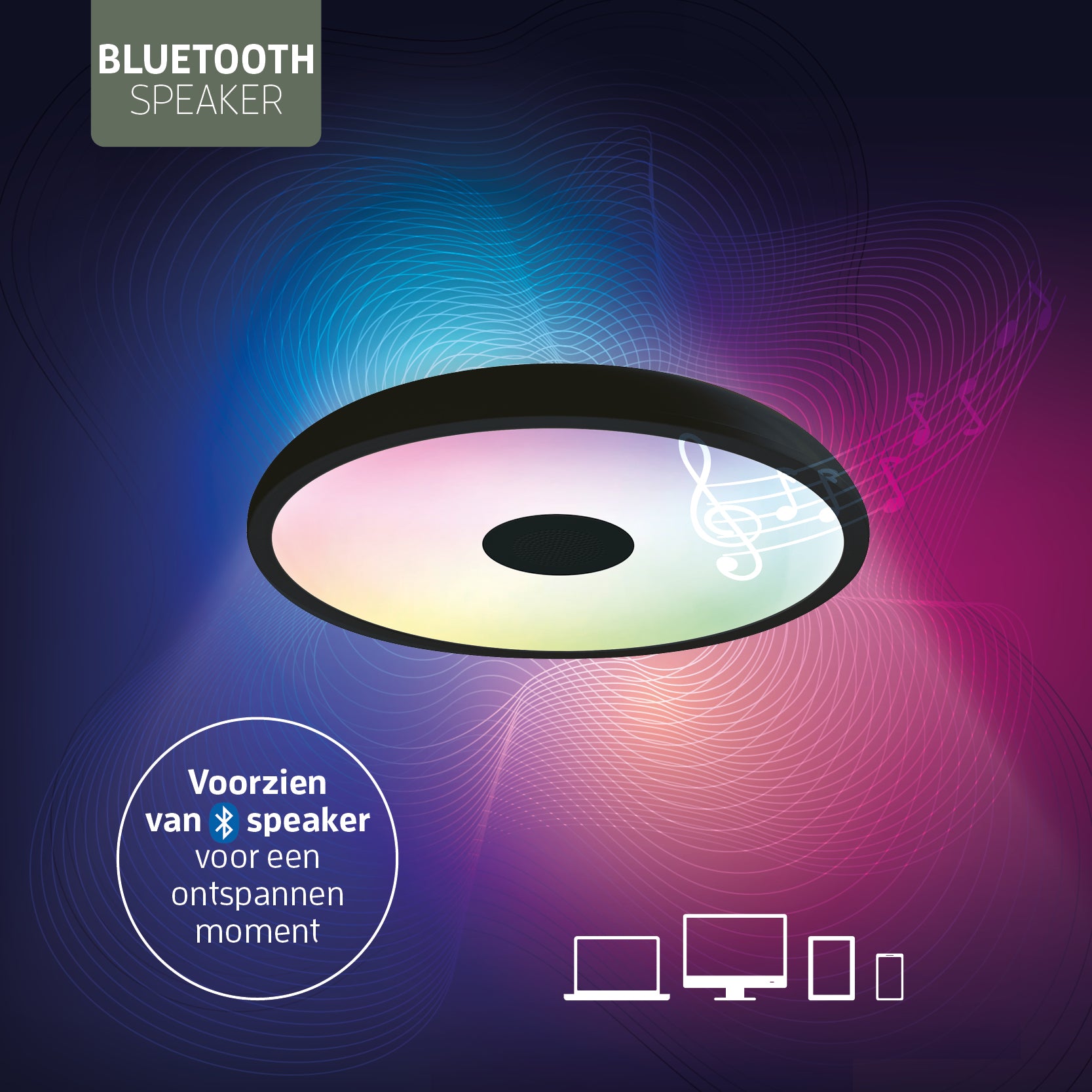 Varin® Smart LED Badkamerlamp met Bluetooth speaker - Ø 28cm - Zwart - IP44 Spatwaterdicht - RGBW (CCT) - Tuya Wifi