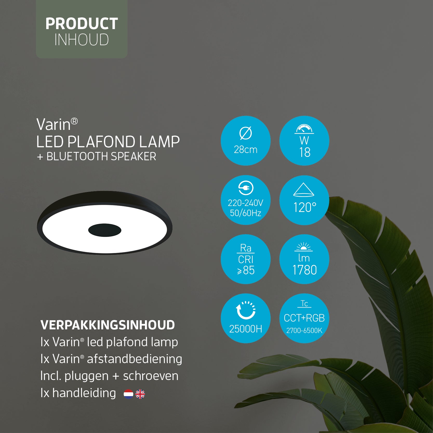 Varin® Smart LED Badkamerlamp met Bluetooth speaker - Ø 28cm - Zwart - IP44 Spatwaterdicht - RGBW (CCT) - Tuya Wifi