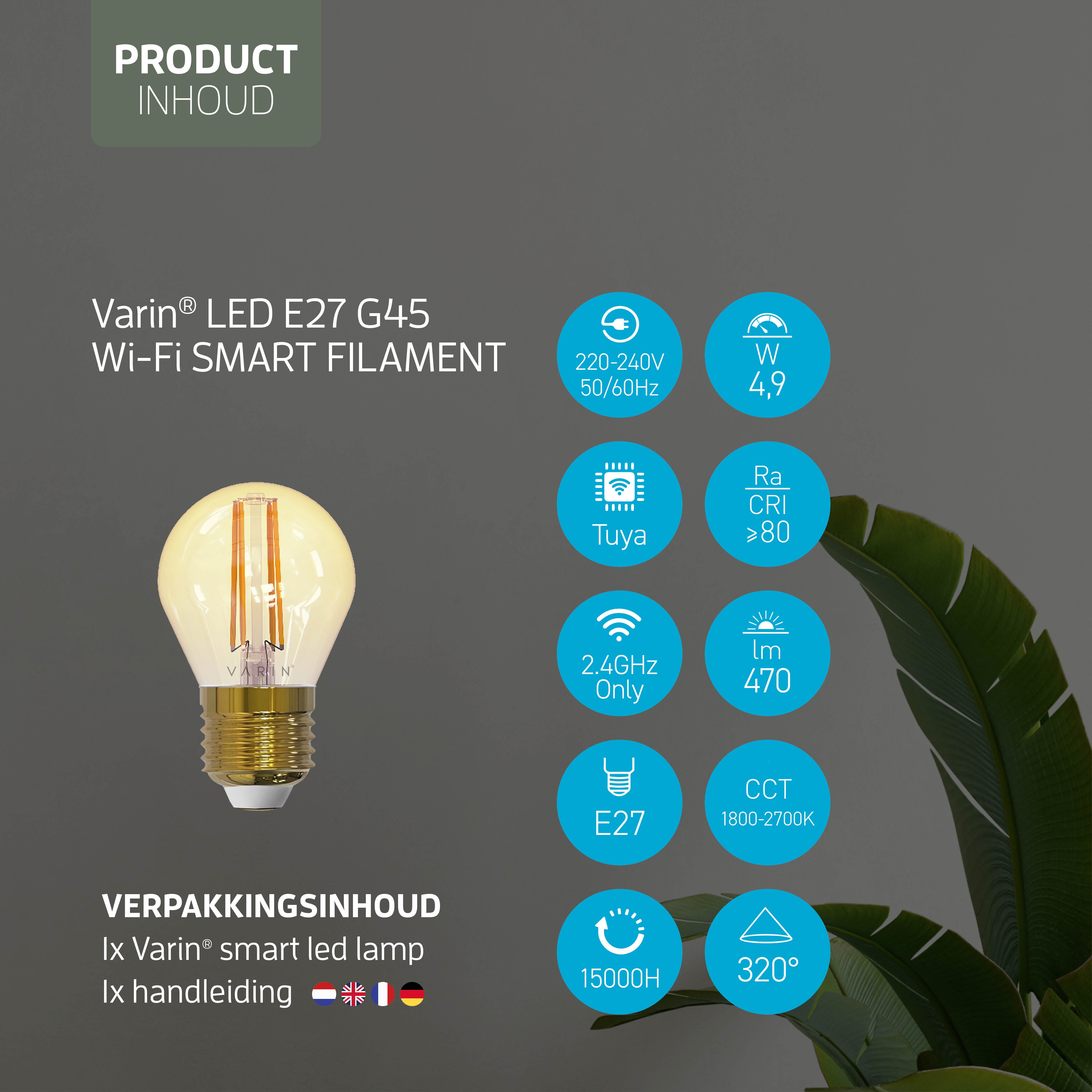 Varin Smart Wifi LED Filament Lamp E27 - 5W - G45 - Extra warm wit - 1800-2700K (CCT) - Tuya