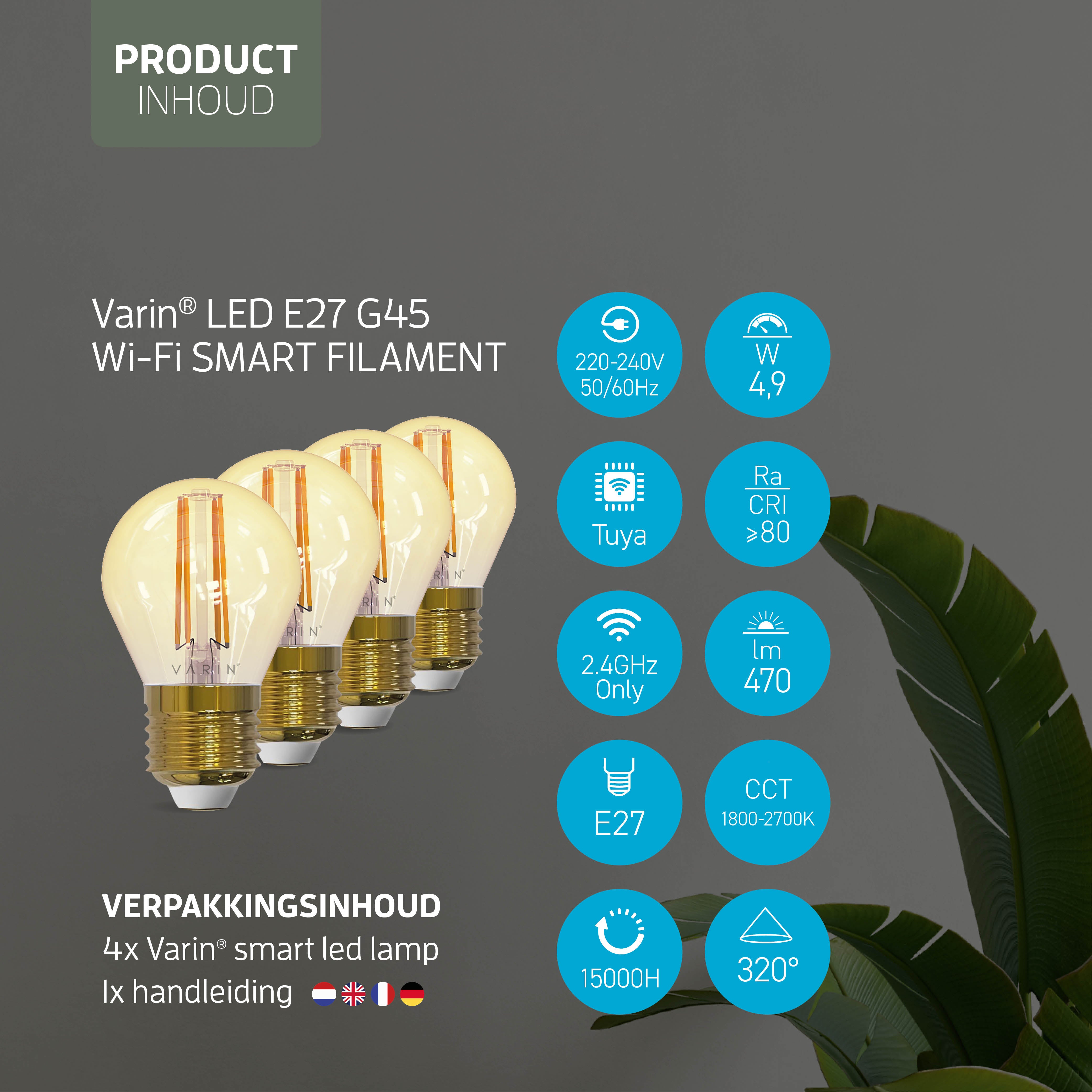 Varin Smart Wifi LED Filament Lamp E27 - 5W - G45 - Extra warm wit - 1800-2700K (CCT) - Tuya - 4 Pack