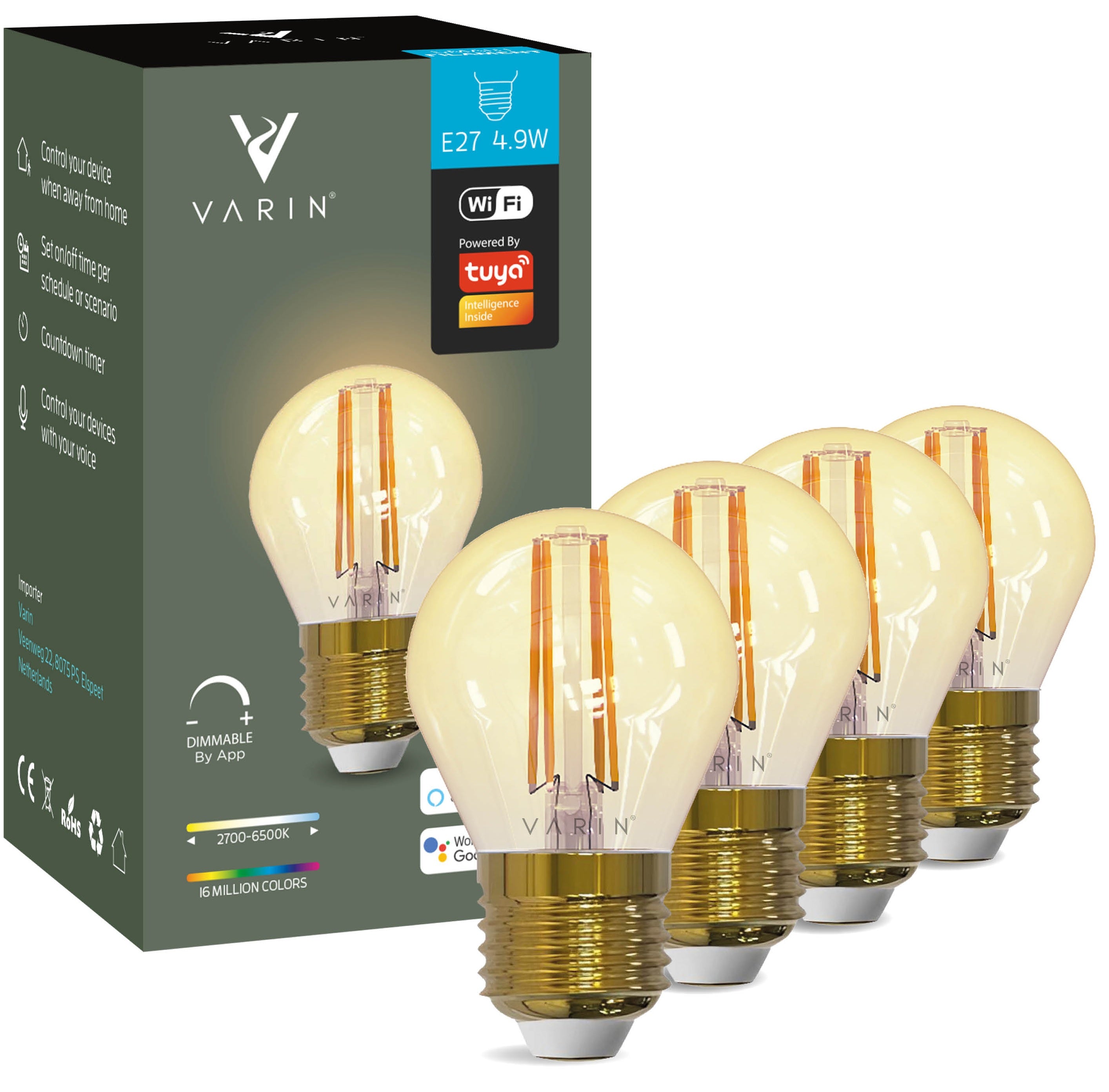 Varin Smart Wifi LED Filament Lamp E27 - 5W - G45 - Extra warm wit - 1800-2700K (CCT) - Tuya - 4 Pack