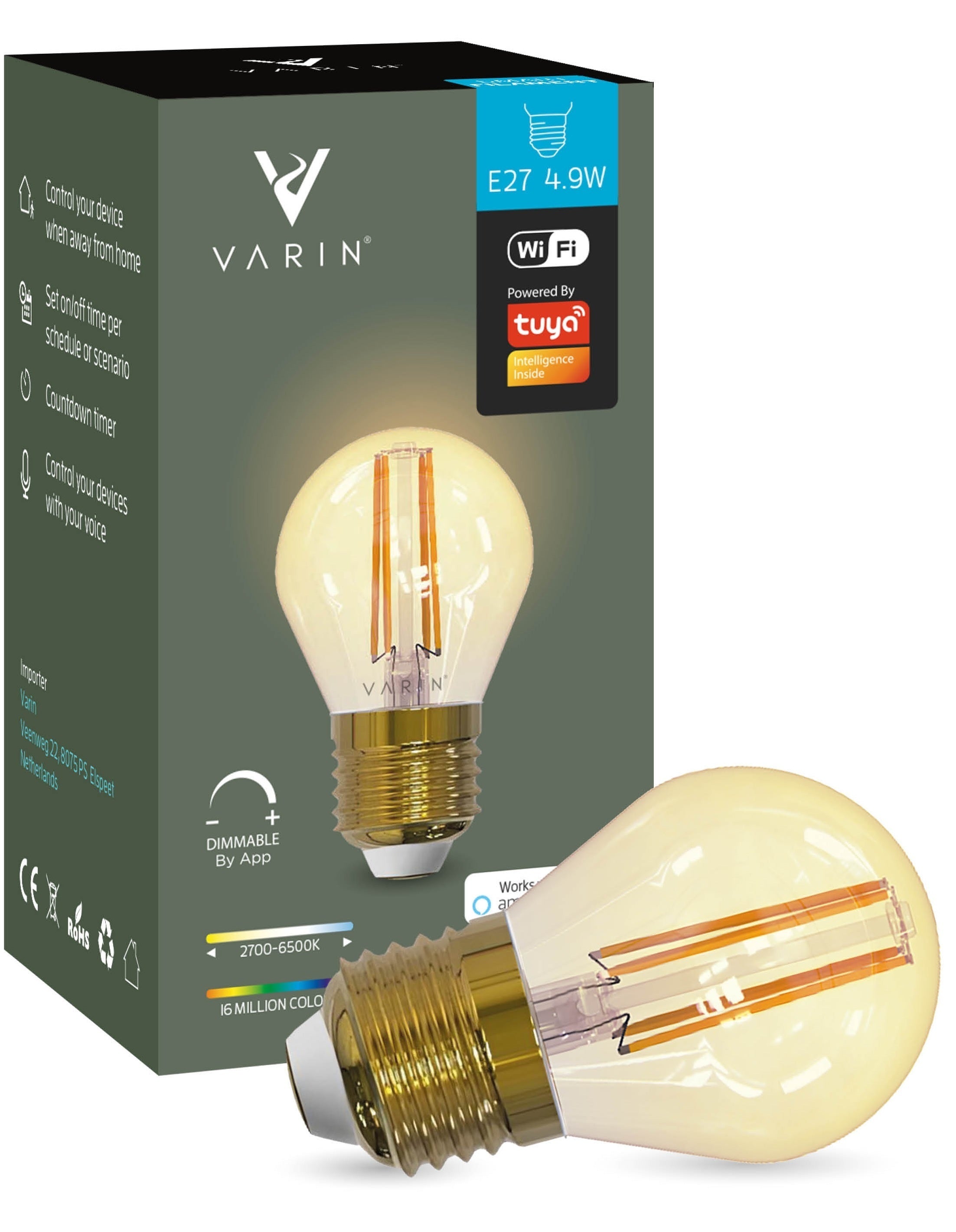 Varin Smart Wifi LED Filament Lamp E27 - 5W - G45 - Extra warm wit - 1800-2700K (CCT) - Tuya
