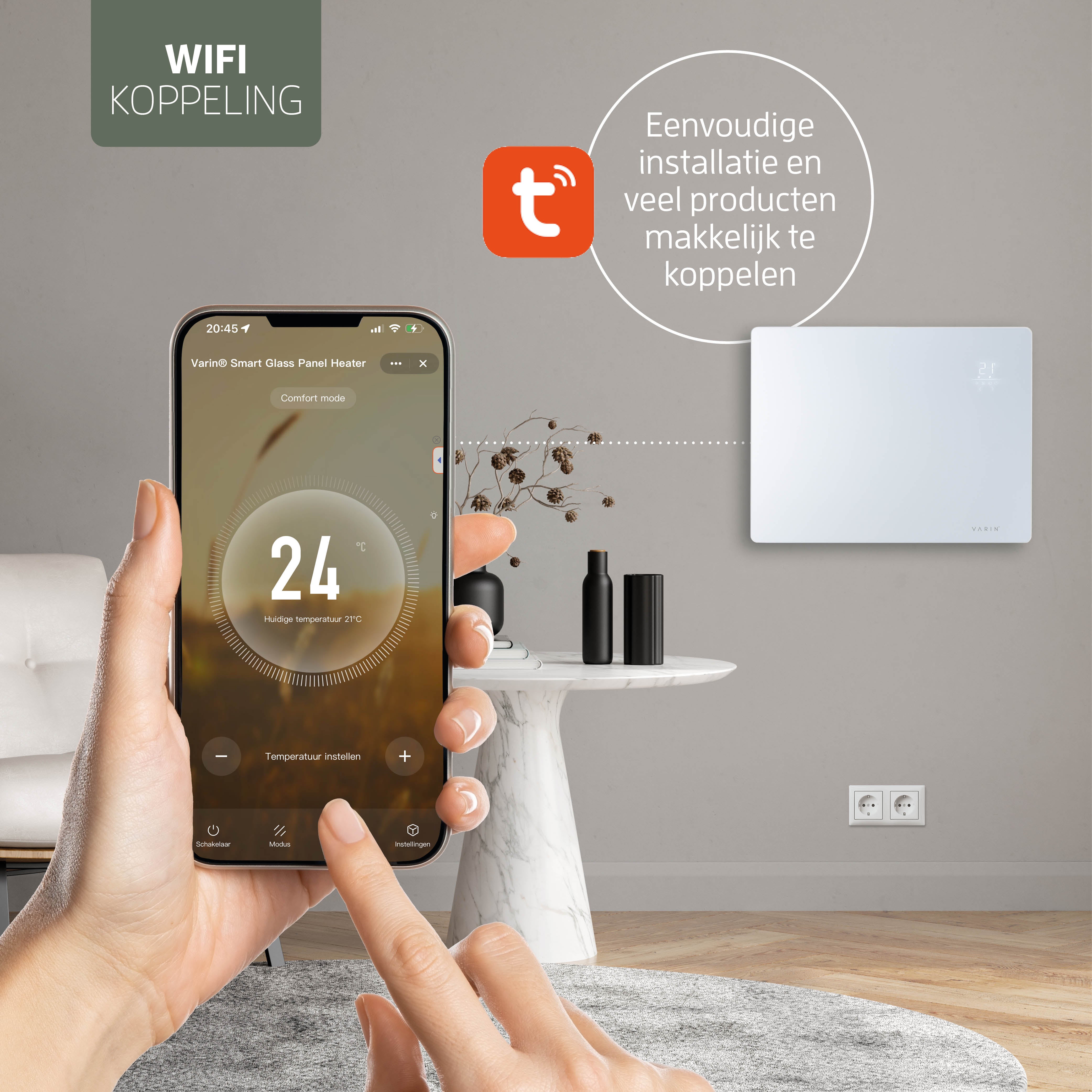 Varin® Smart Design Elektrische kachel - 1500W - 65x55cm - Zwart glas  - IP24 - Tuya Wifi (kopie)