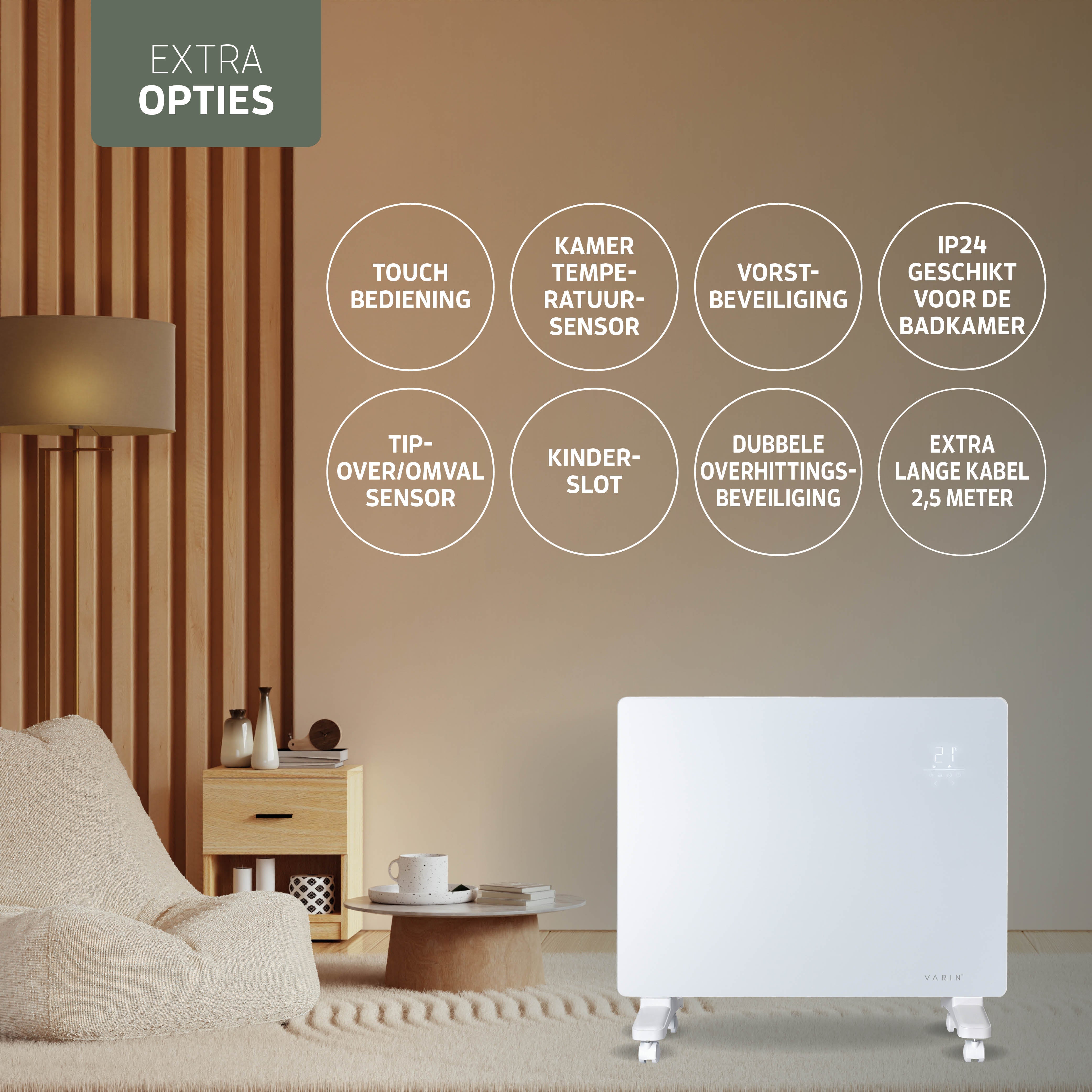 Varin® Smart Design Elektrische kachel - 1500W - 65x55cm - Zwart glas  - IP24 - Tuya Wifi (kopie)