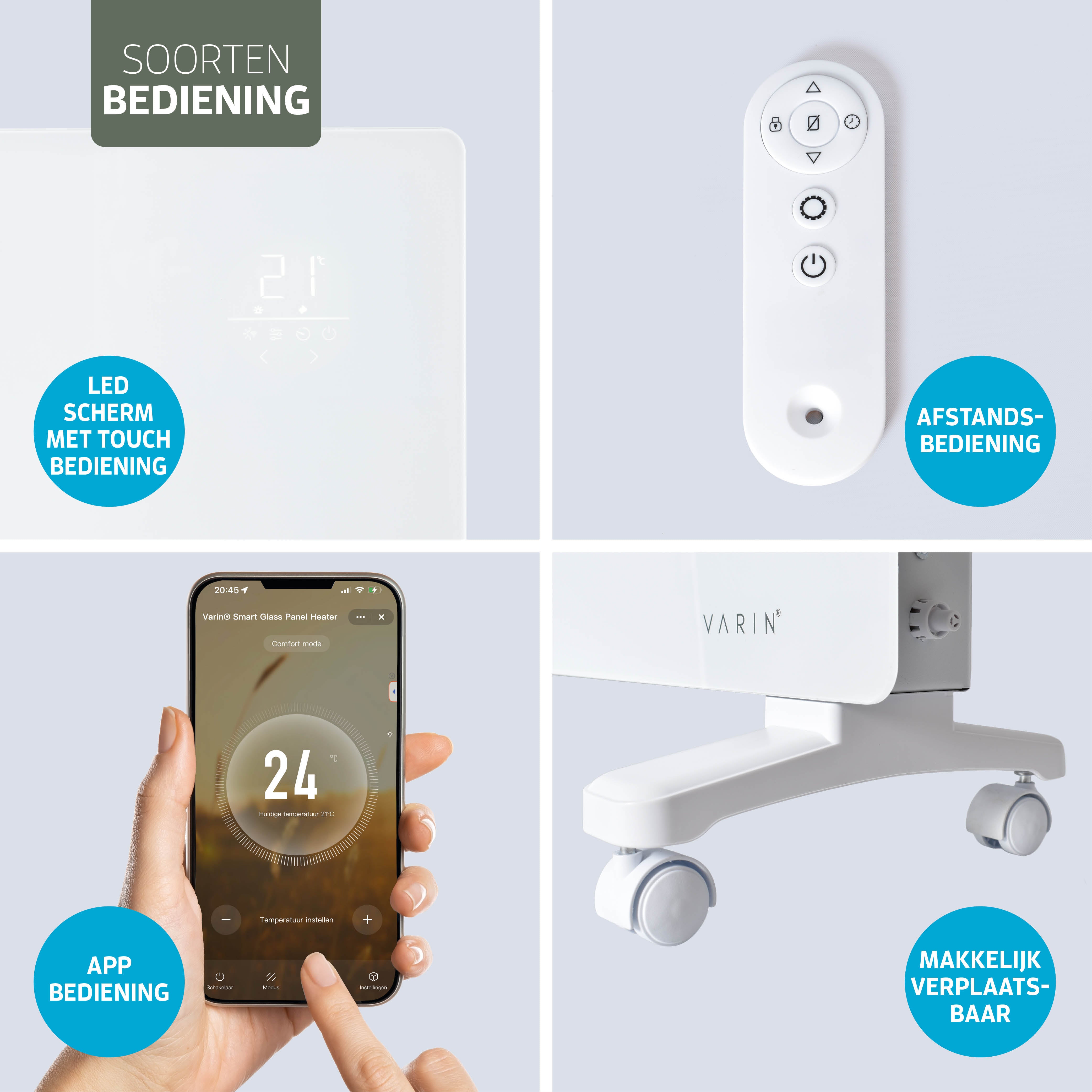 Varin® Smart Design Elektrische kachel - 1500W - 65x55cm - Zwart glas  - IP24 - Tuya Wifi (kopie)