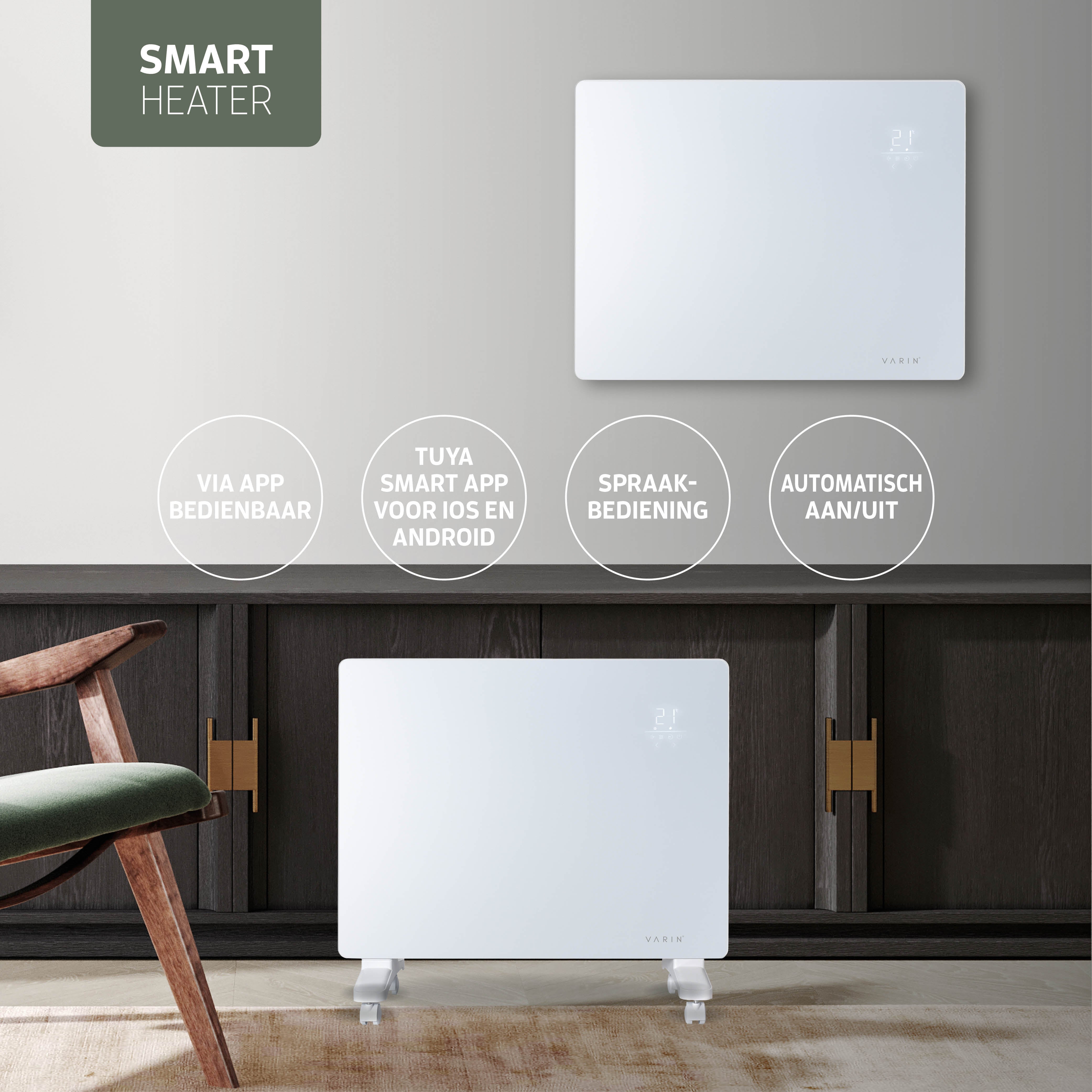 Varin® Smart Design Elektrische kachel - 1500W - 65x55cm - Zwart glas  - IP24 - Tuya Wifi (kopie)