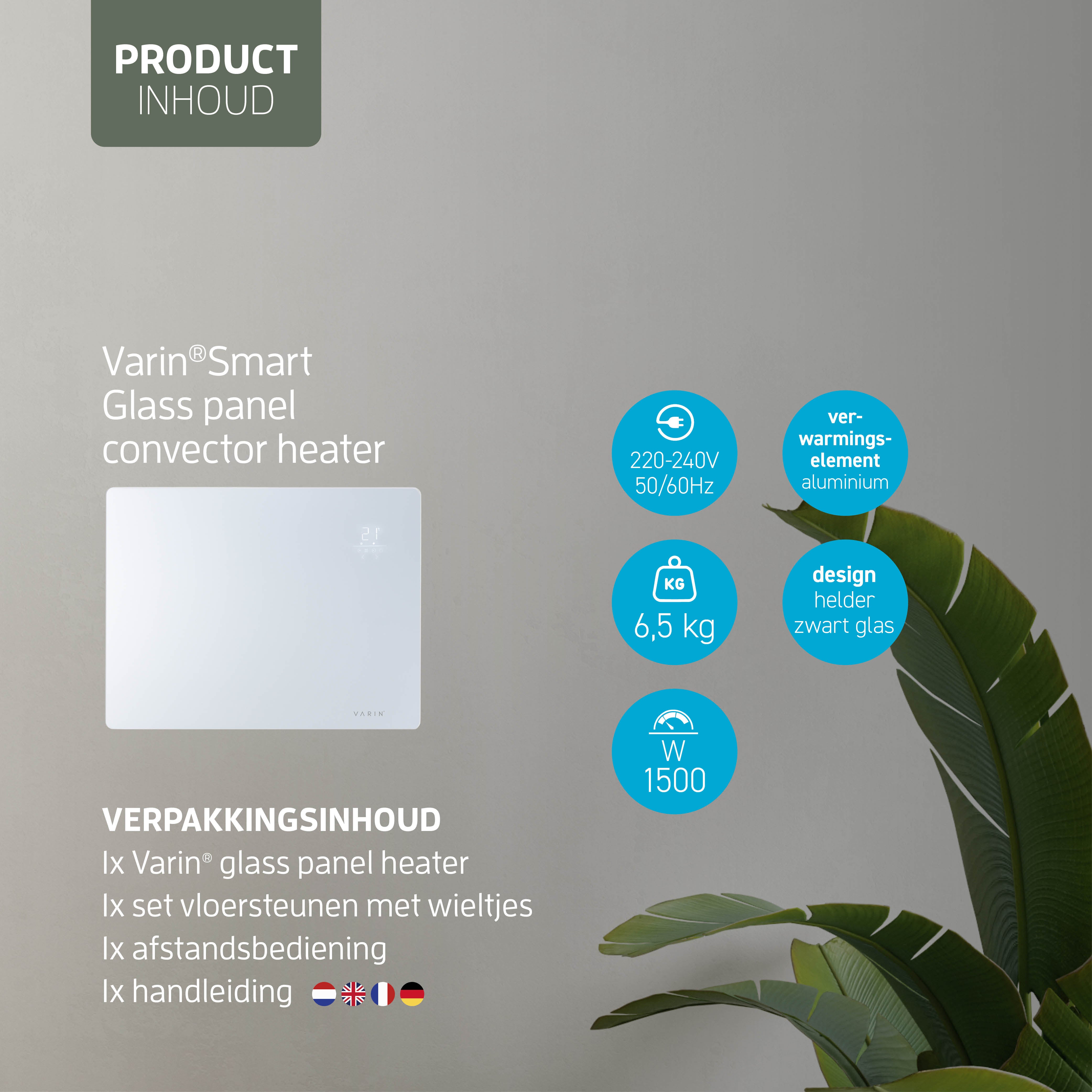 Varin® Smart Design Elektrische kachel - 1500W - 65x55cm - Zwart glas  - IP24 - Tuya Wifi (kopie)