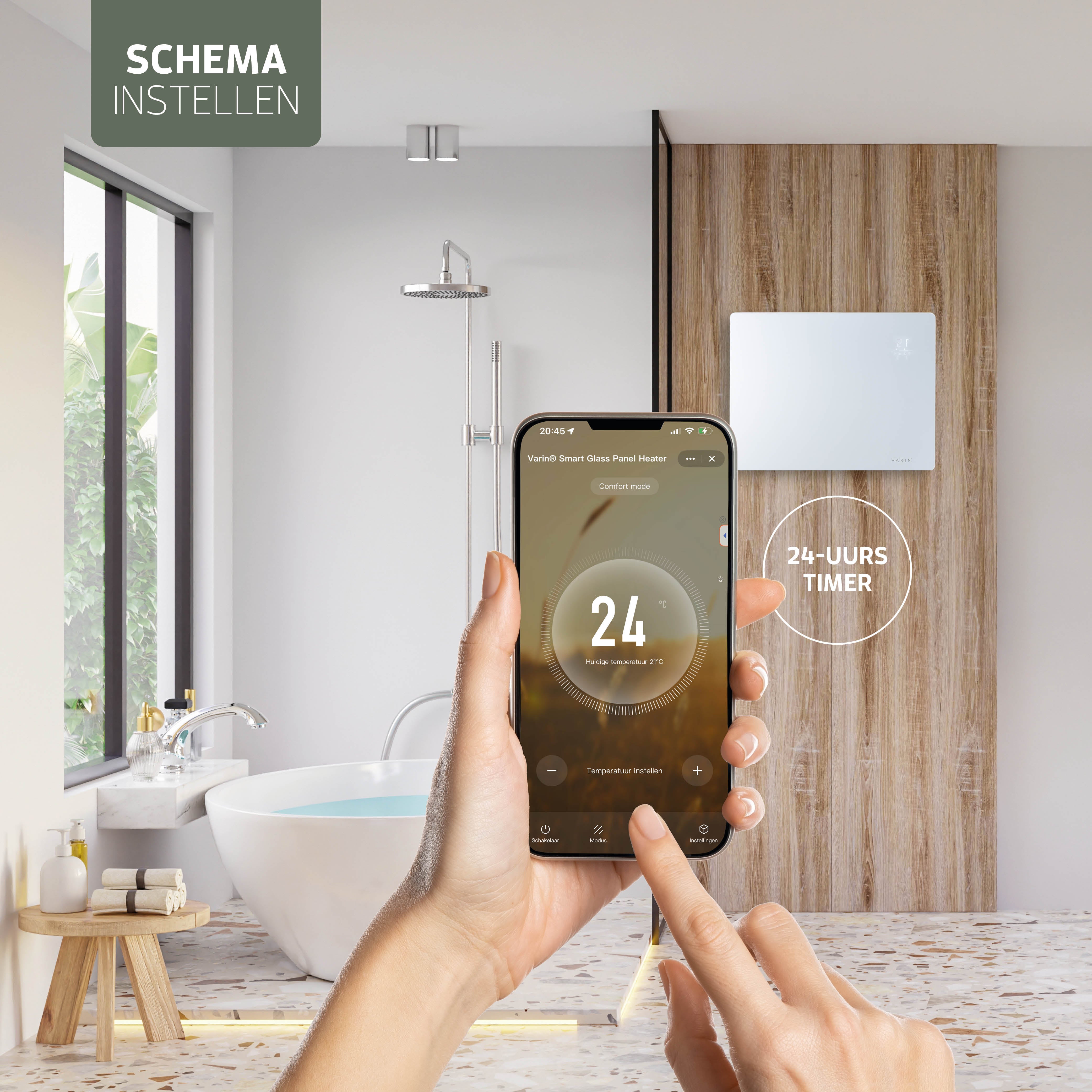 Varin® Smart Design Elektrische kachel - 1500W - 65x55cm - Zwart glas  - IP24 - Tuya Wifi (kopie)