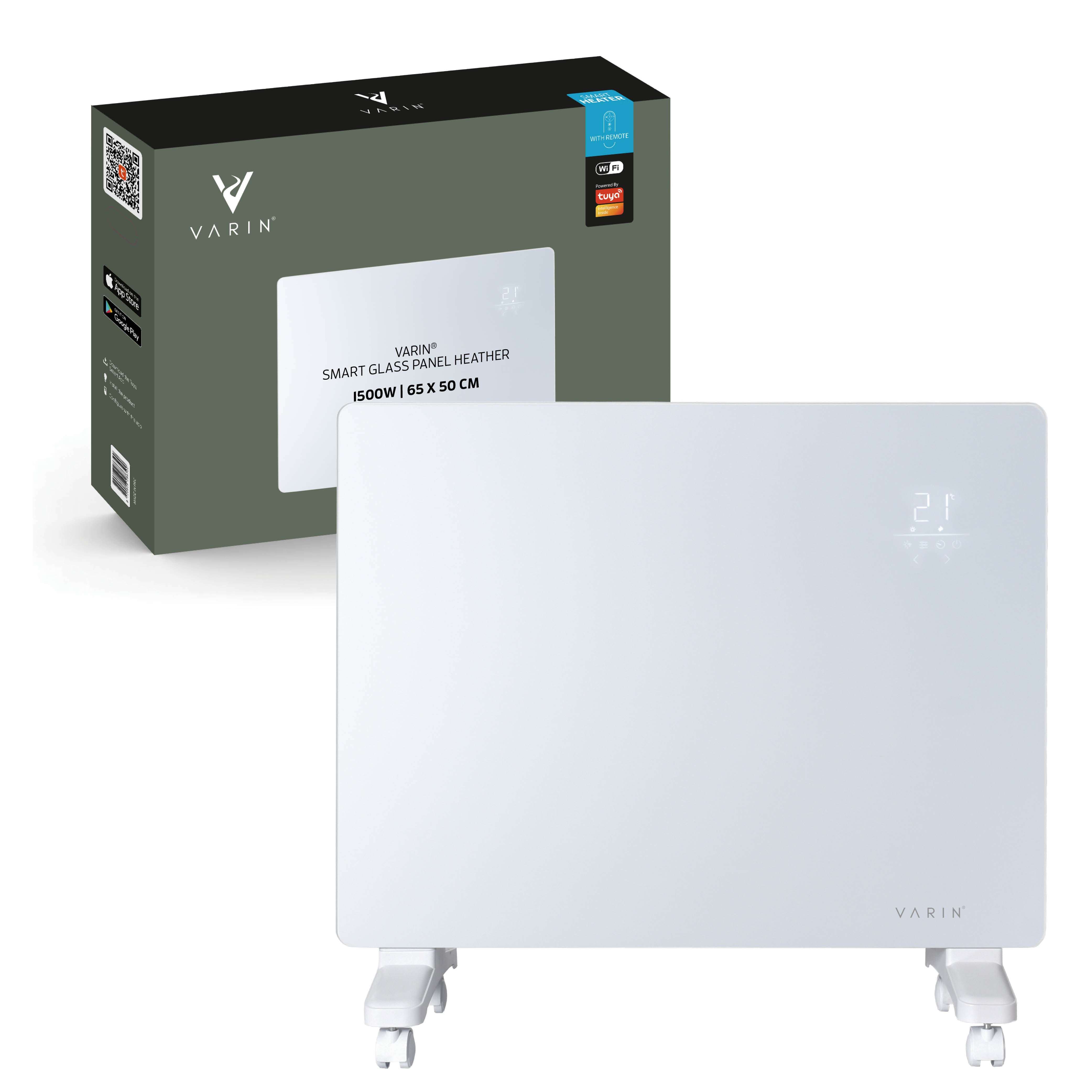 Varin® Smart Design Elektrische kachel - 1500W - 65x55cm - Zwart glas  - IP24 - Tuya Wifi (kopie)