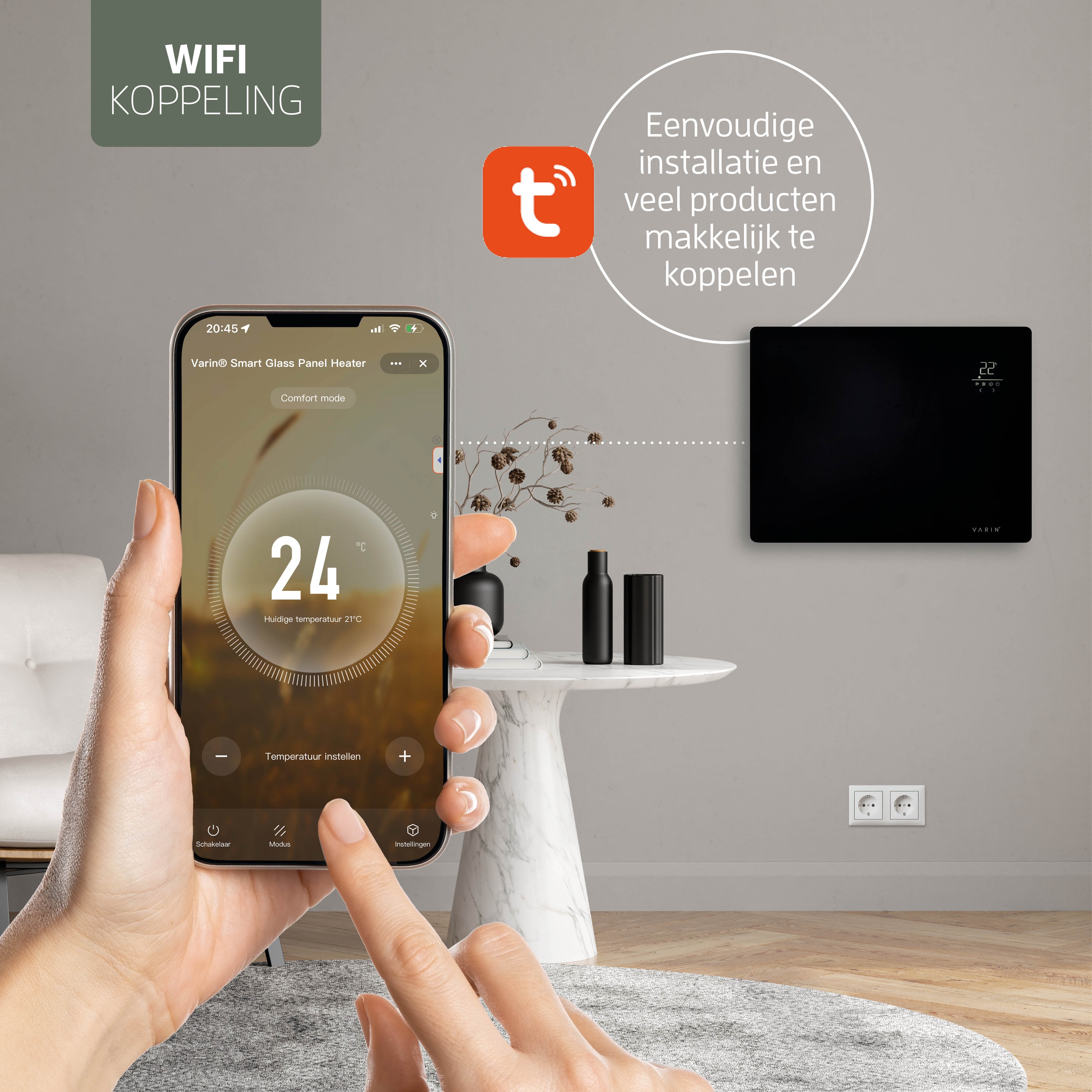 Varin® Smart Design Elektrische kachel - 1500W - 65x55cm - Zwart glas  - IP24 - Tuya Wifi (kopie)