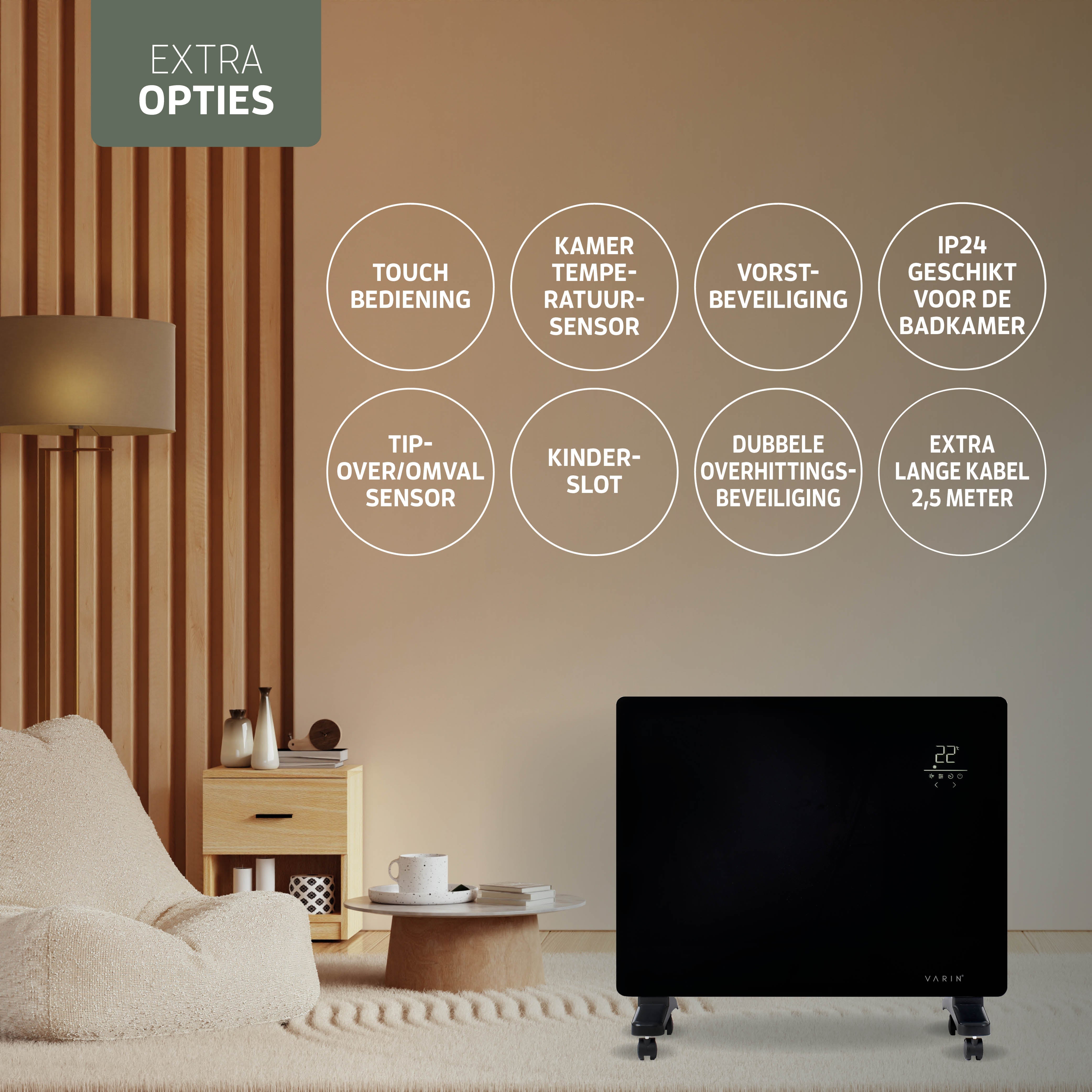 Varin® Smart Design Elektrische kachel - 1500W - 65x55cm - Zwart glas  - IP24 - Tuya Wifi (kopie)