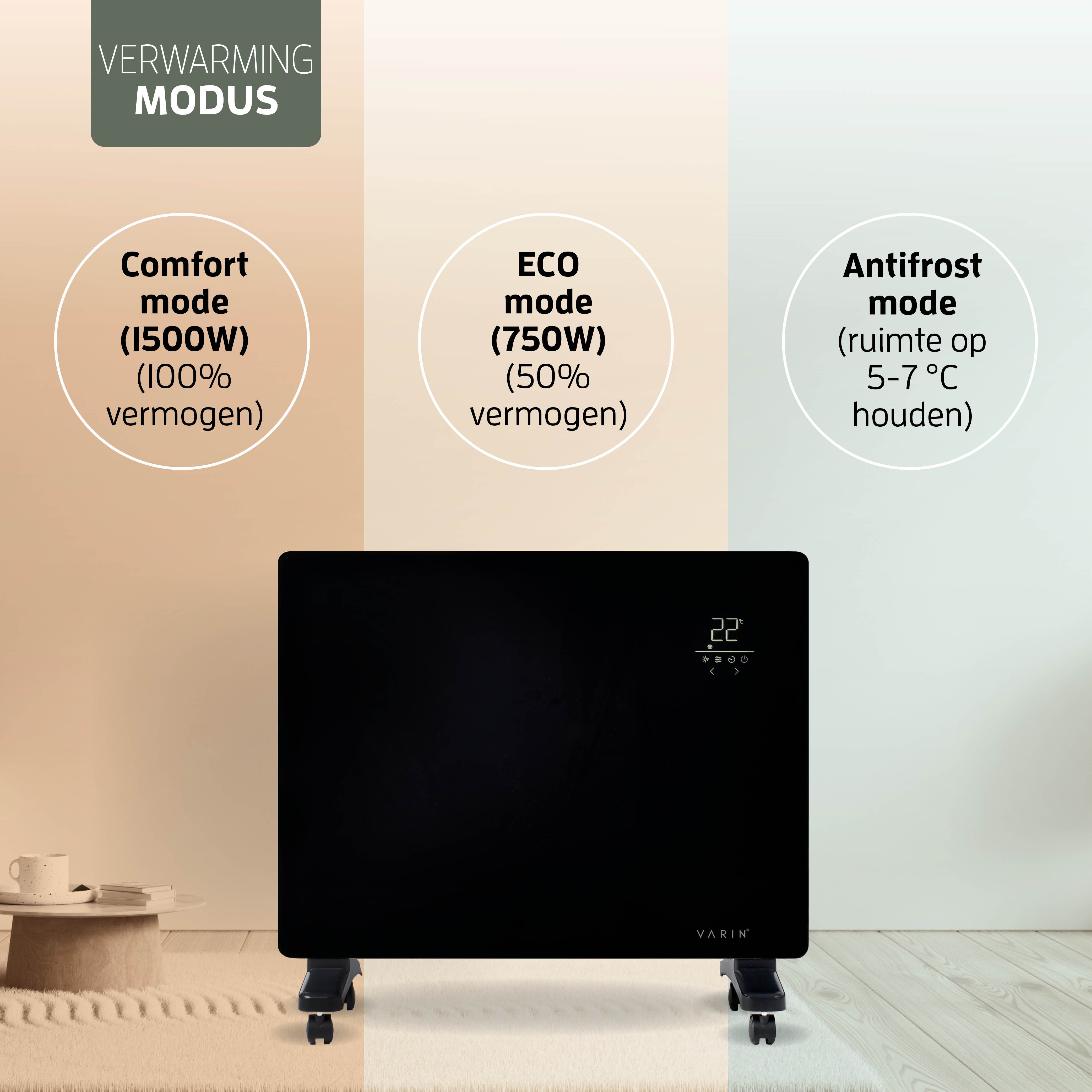 Varin® Smart Design Elektrische kachel - 1500W - 65x55cm - Zwart glas  - IP24 - Tuya Wifi (kopie)