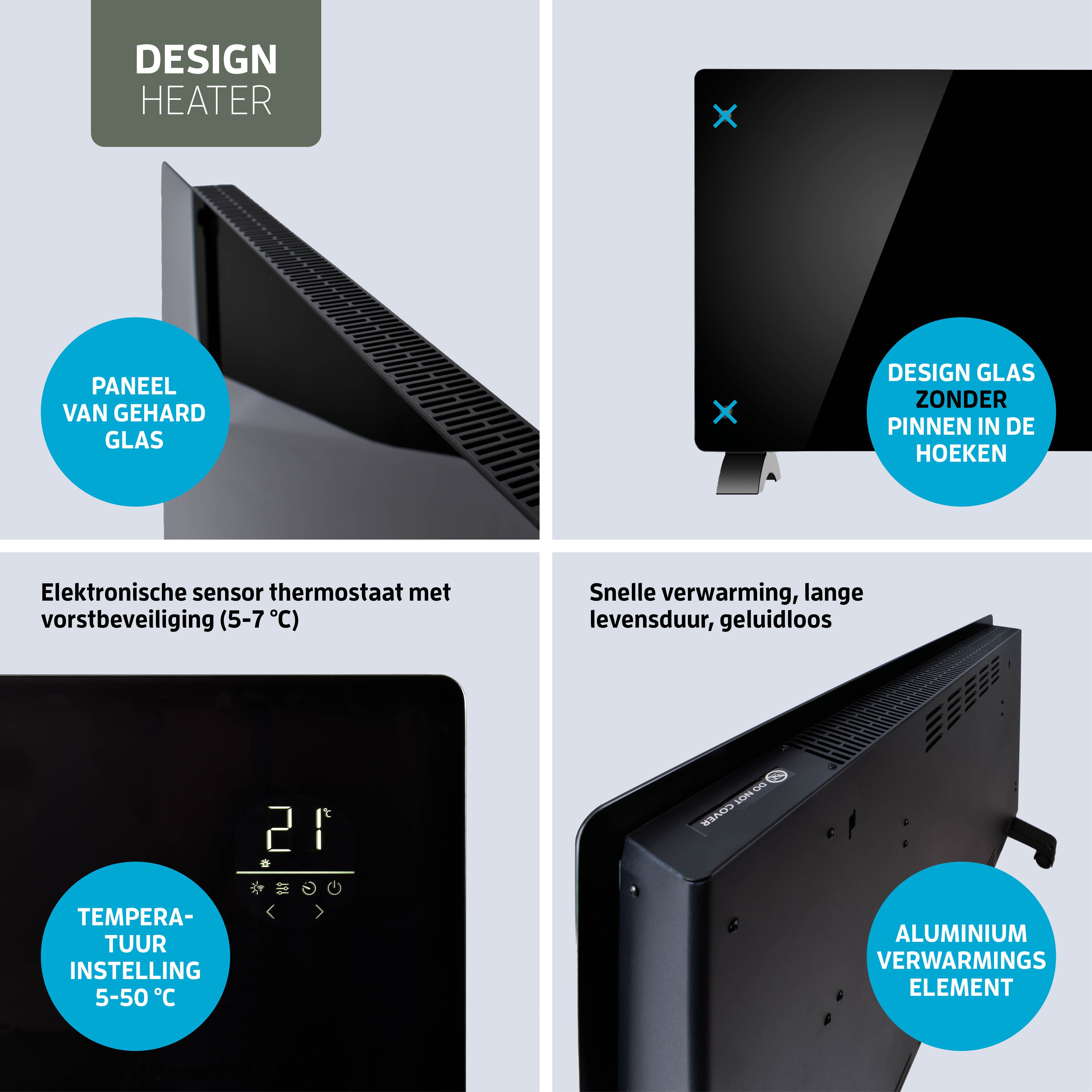 Varin® Smart Design Elektrische kachel - 1500W - 65x55cm - Zwart glas  - IP24 - Tuya Wifi (kopie)