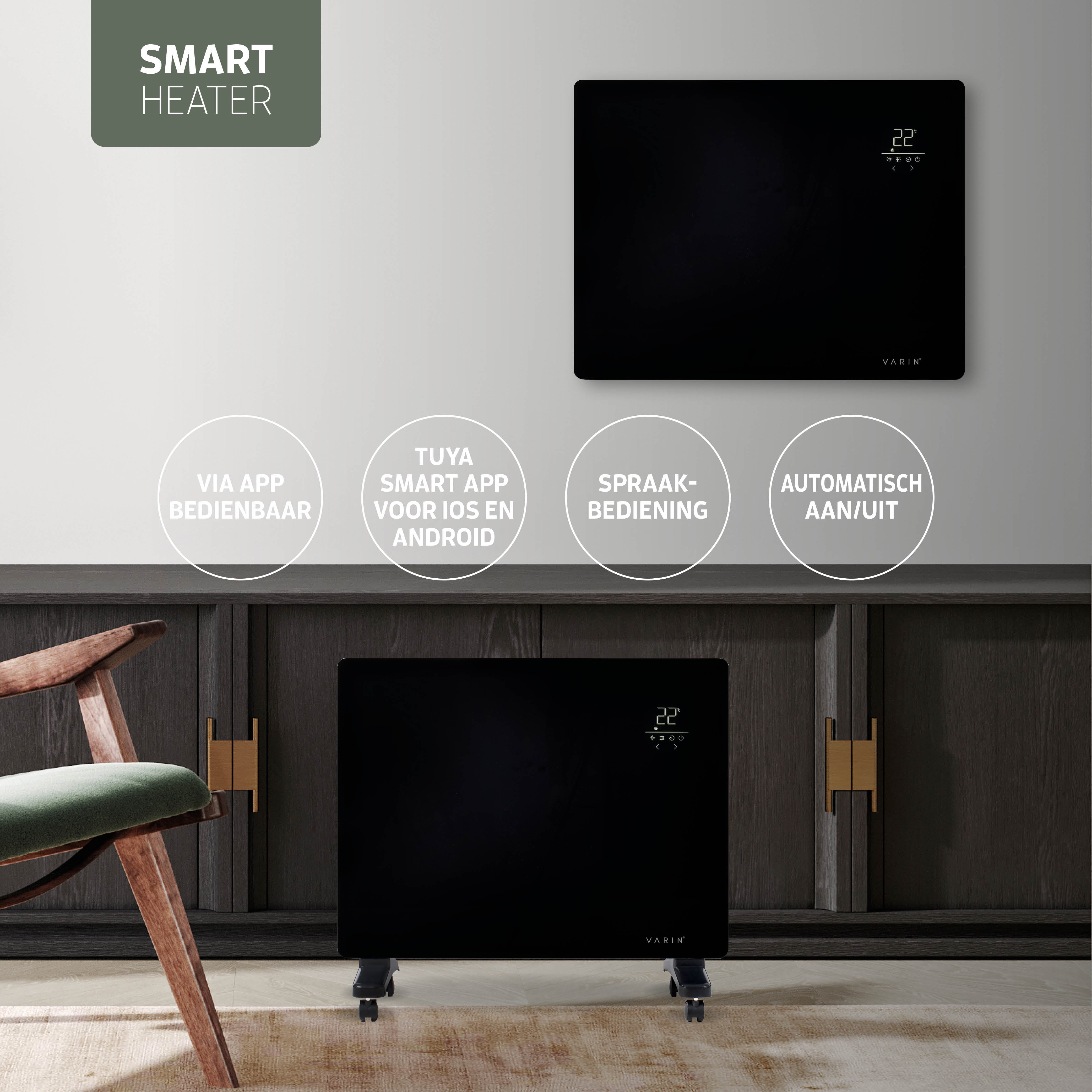 Varin® Smart Design Elektrische kachel - 1500W - 65x55cm - Zwart glas  - IP24 - Tuya Wifi (kopie)