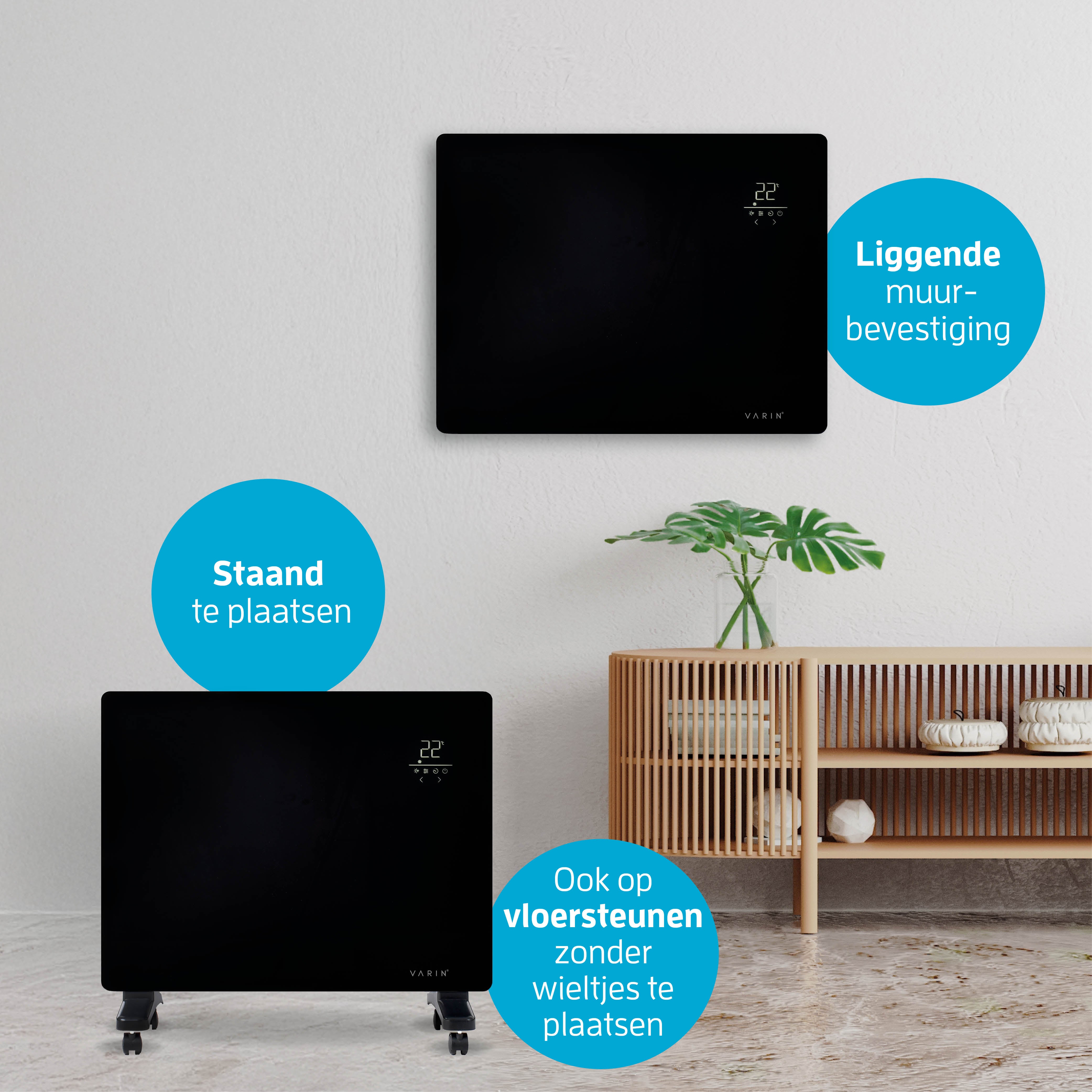 Varin® Smart Design Elektrische kachel - 1500W - 65x55cm - Zwart glas  - IP24 - Tuya Wifi (kopie)