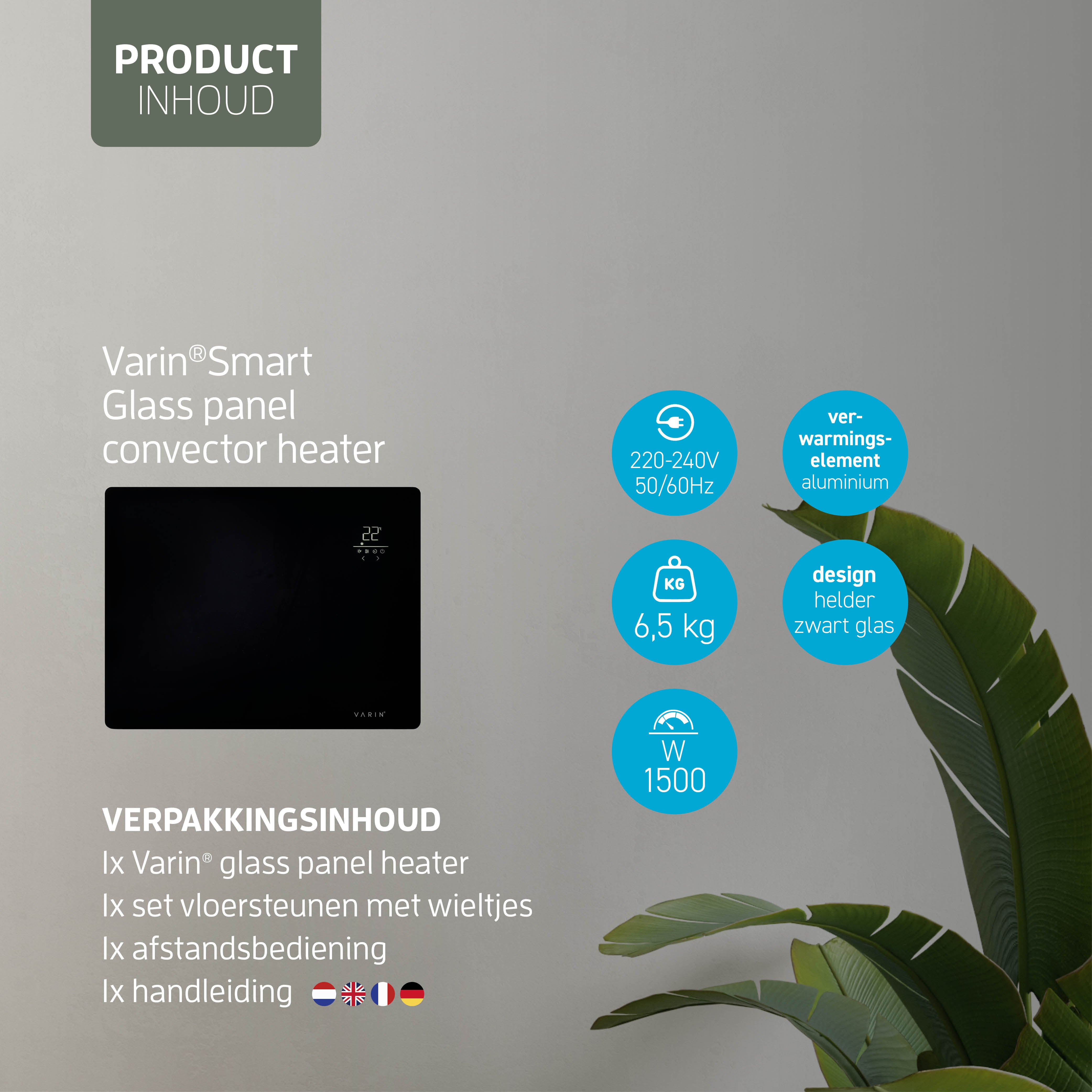 Varin® Smart Design Elektrische kachel - 1500W - 65x55cm - Zwart glas  - IP24 - Tuya Wifi (kopie)