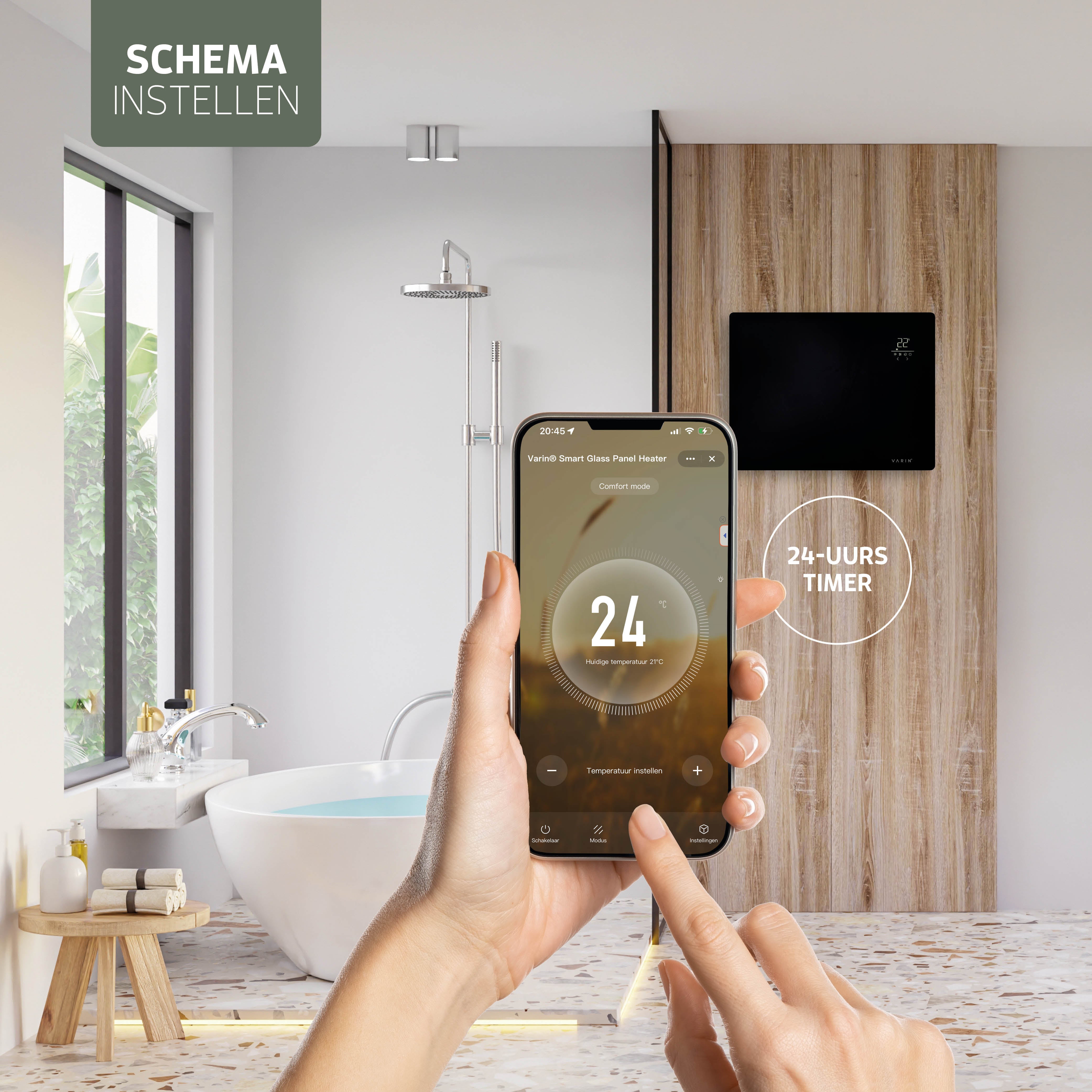 Varin® Smart Design Elektrische kachel - 1500W - 65x55cm - Zwart glas  - IP24 - Tuya Wifi (kopie)