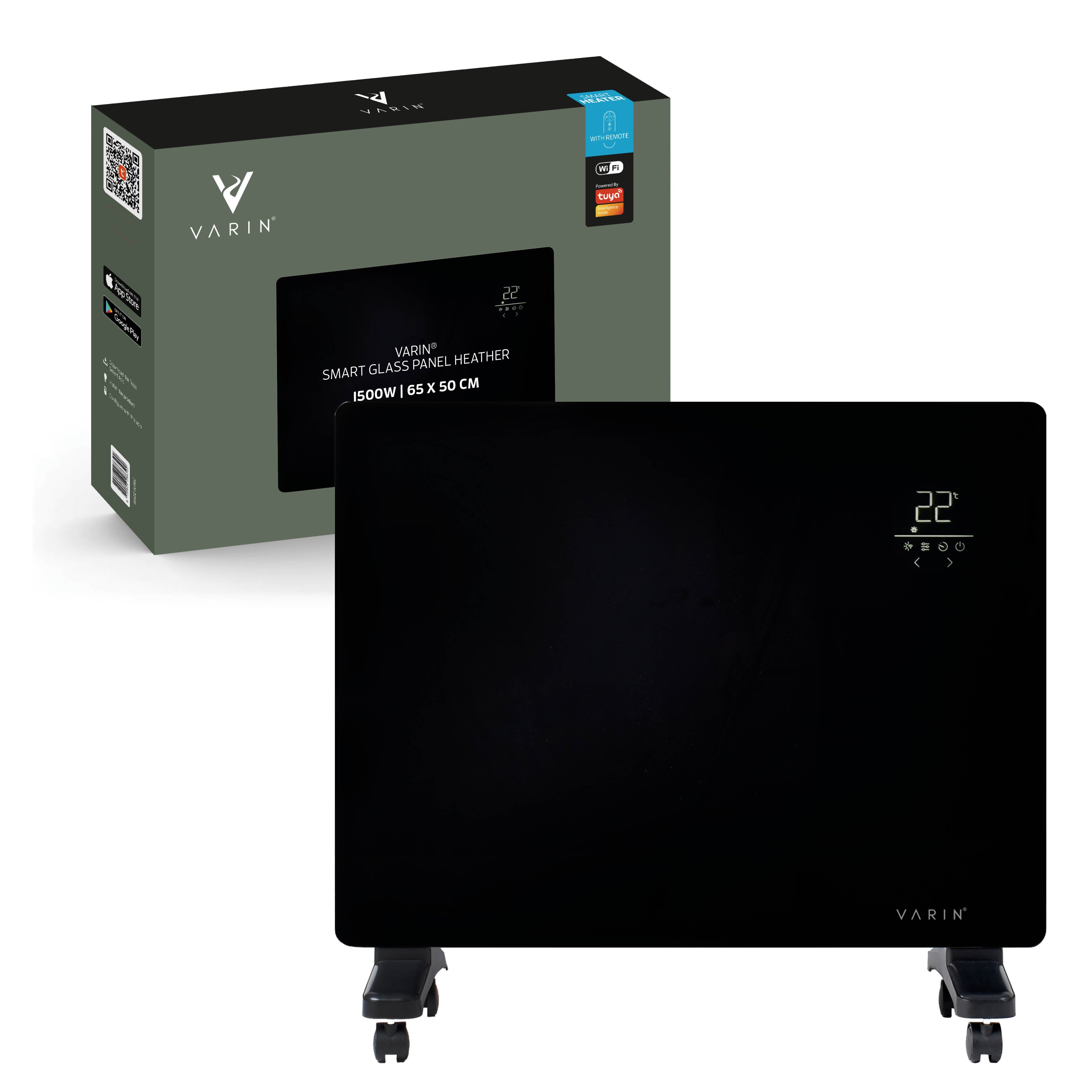 Varin® Smart Design Elektrische kachel - 1500W - 65x55cm - Zwart glas  - IP24 - Tuya Wifi (kopie)