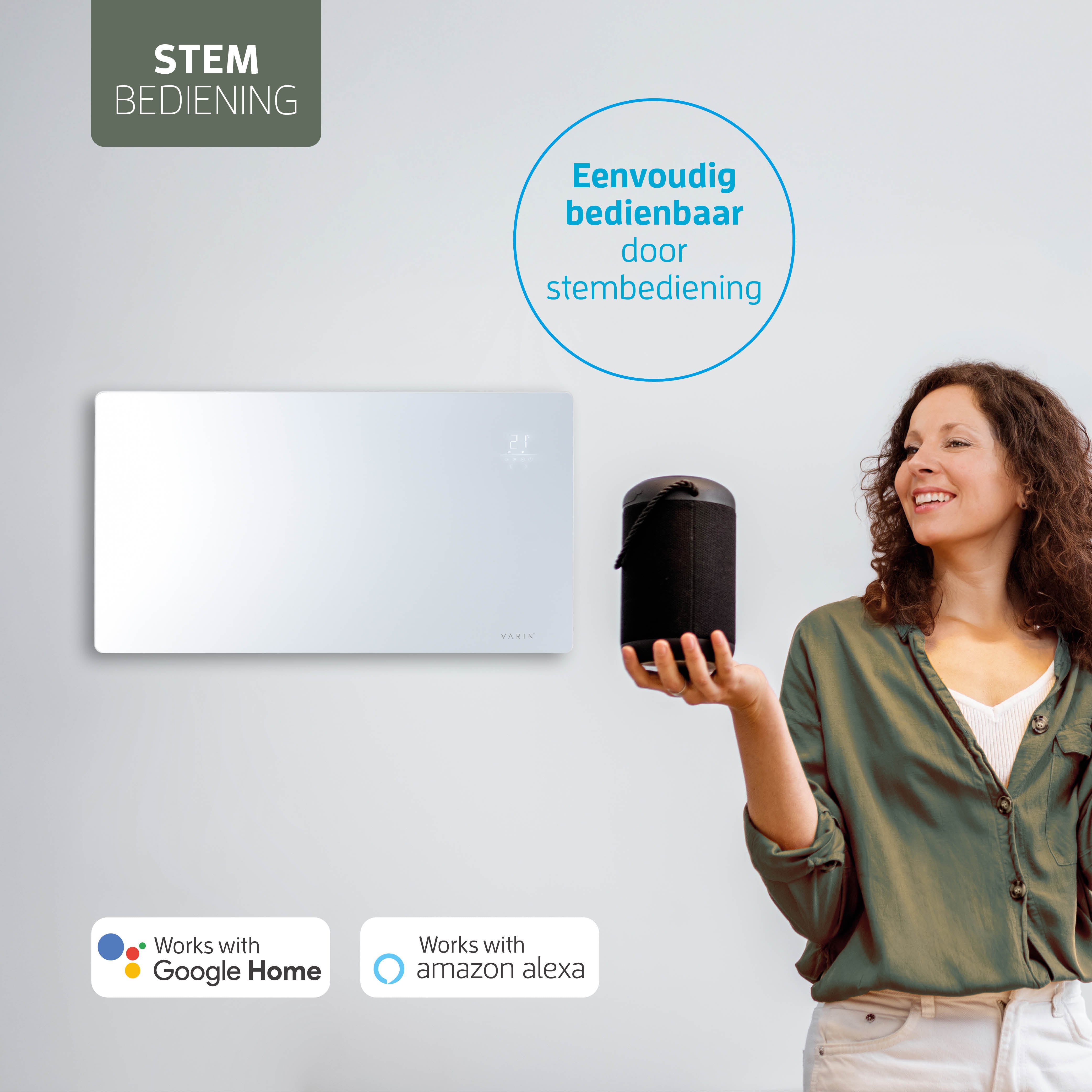 Varin® Smart Design Elektrische kachel - 2500W - 85x55cm - Wit glas  - IP24 - Tuya Wifi