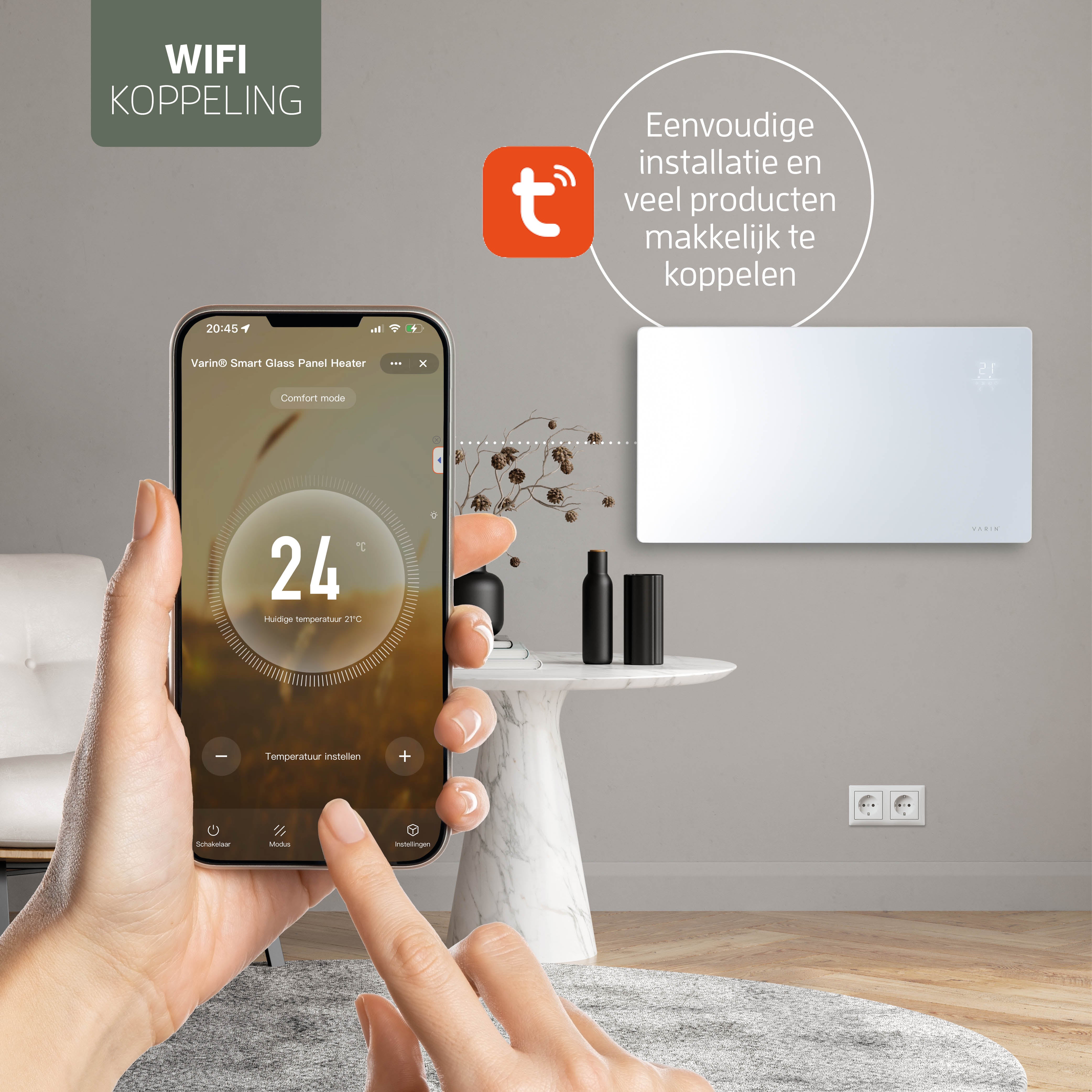 Varin® Smart Design Elektrische kachel - 2500W - 85x55cm - Wit glas  - IP24 - Tuya Wifi