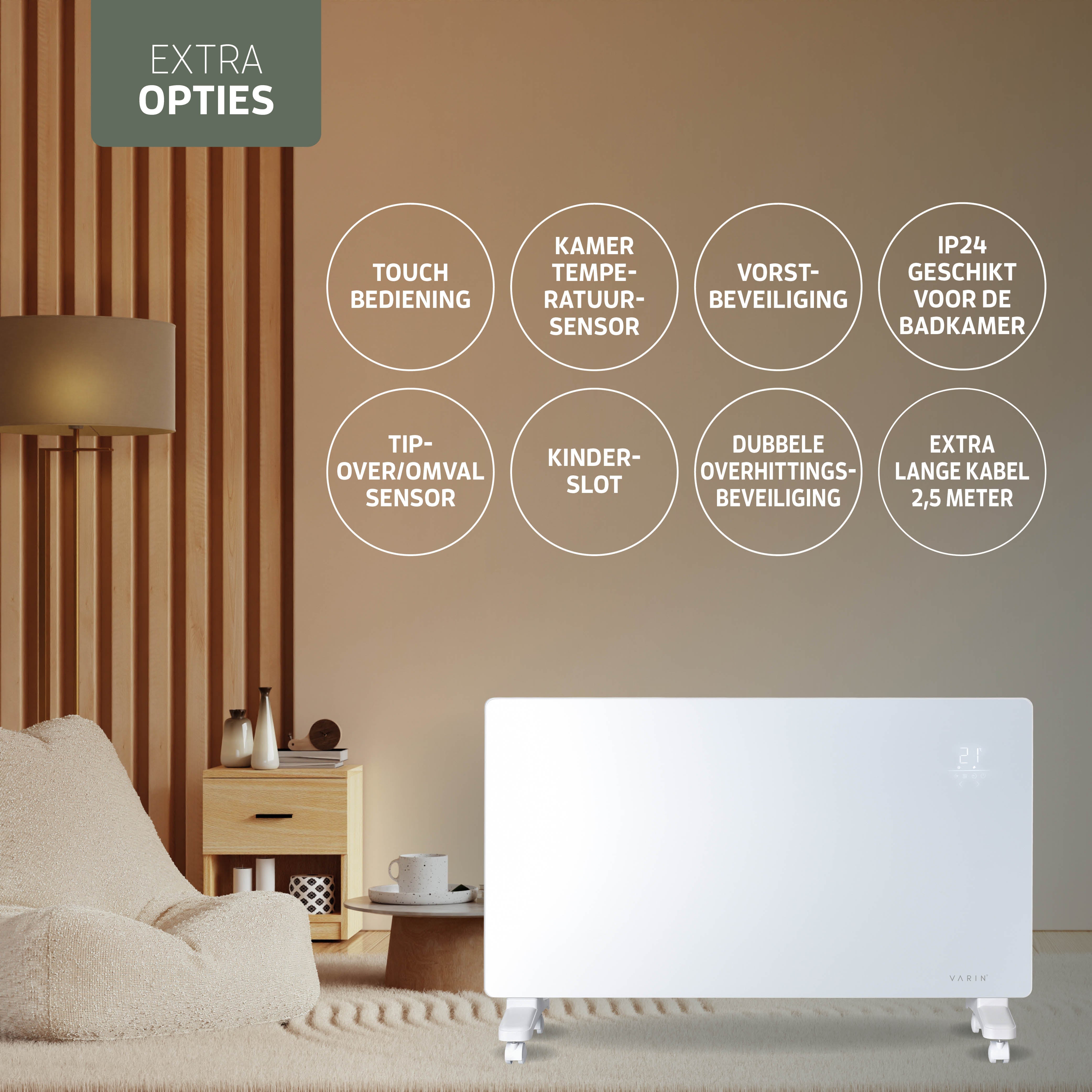 Varin® Smart Design Elektrische kachel - 2500W - 85x55cm - Wit glas  - IP24 - Tuya Wifi