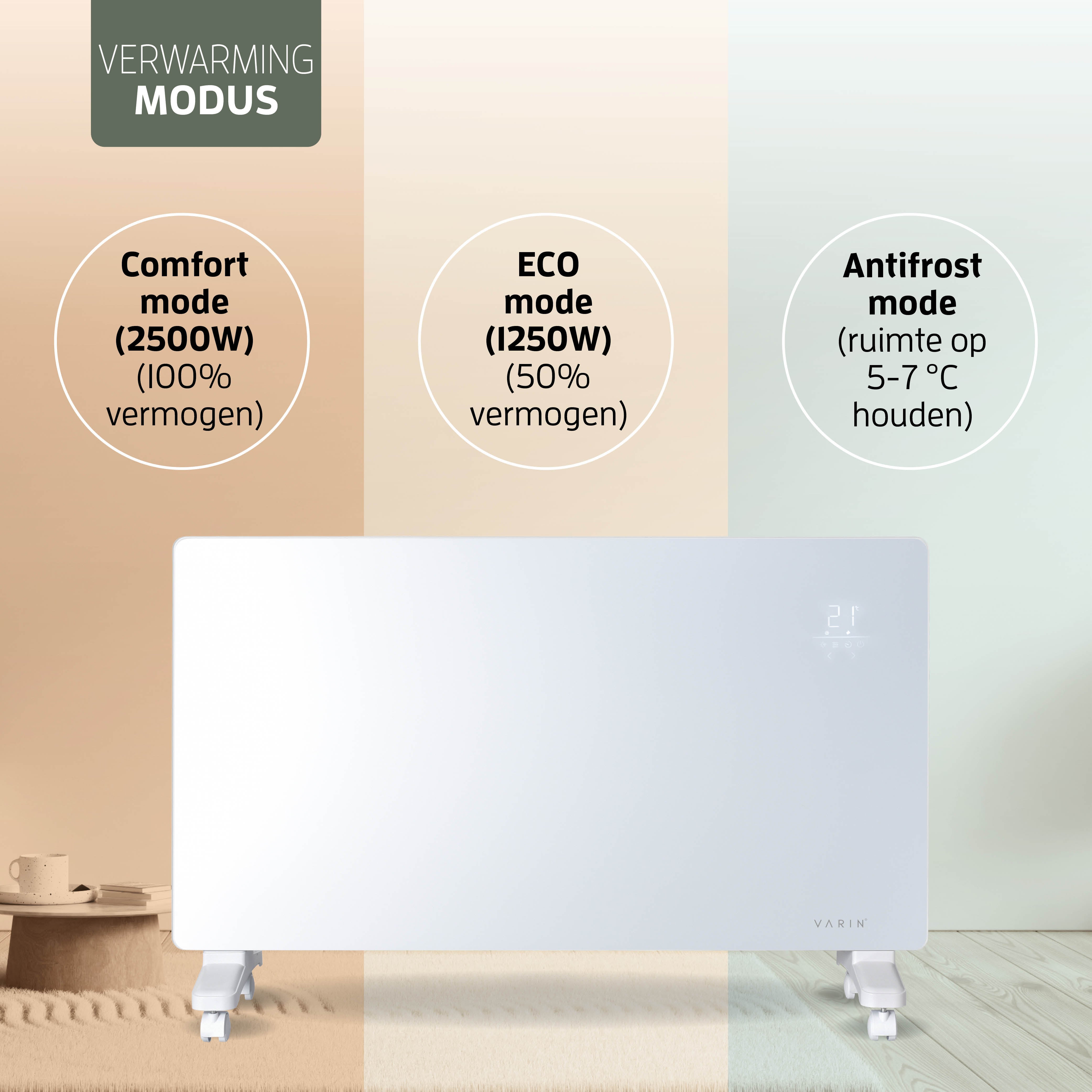 Varin® Smart Design Elektrische kachel - 2500W - 85x55cm - Wit glas  - IP24 - Tuya Wifi