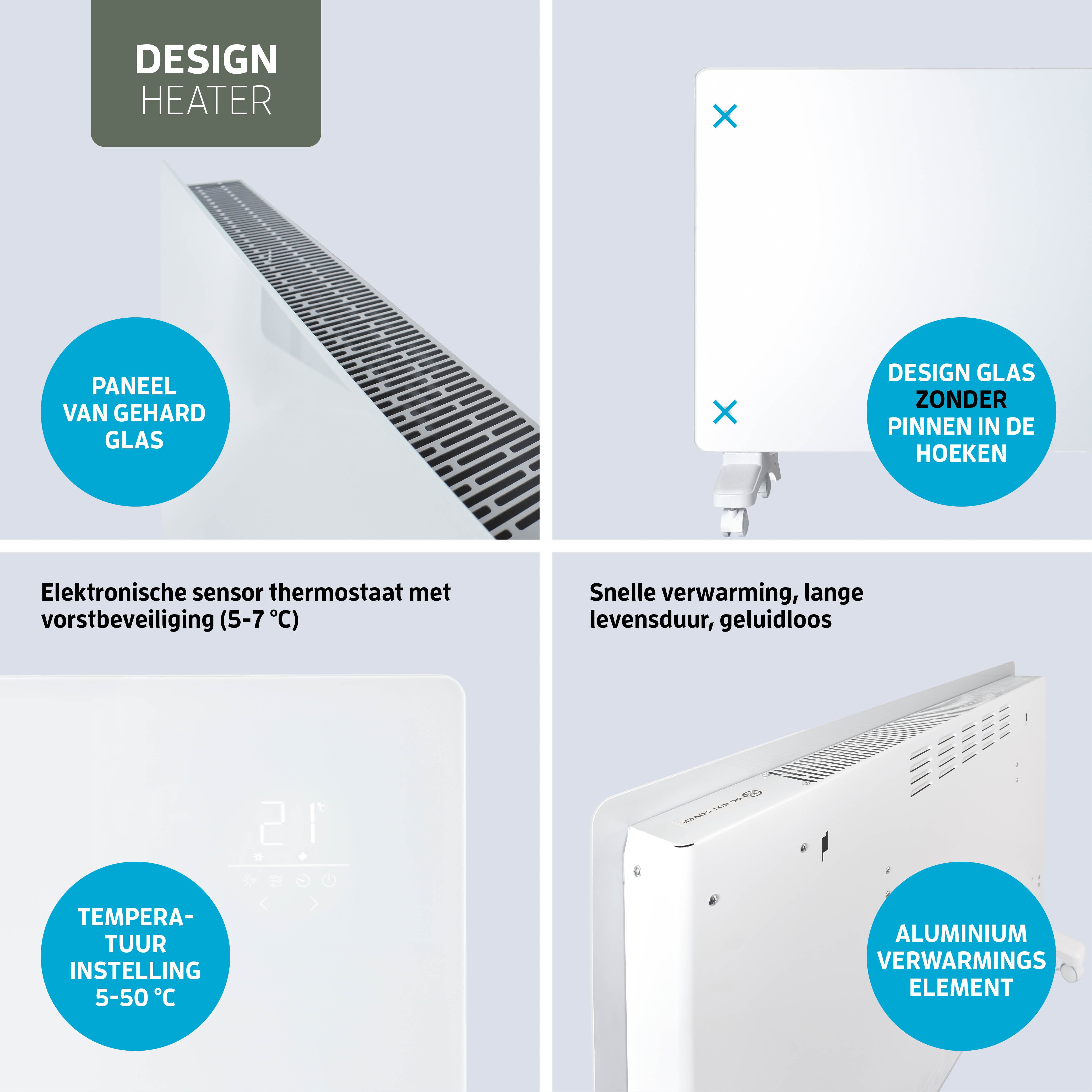 Varin® Smart Design Elektrische kachel - 2500W - 85x55cm - Wit glas  - IP24 - Tuya Wifi