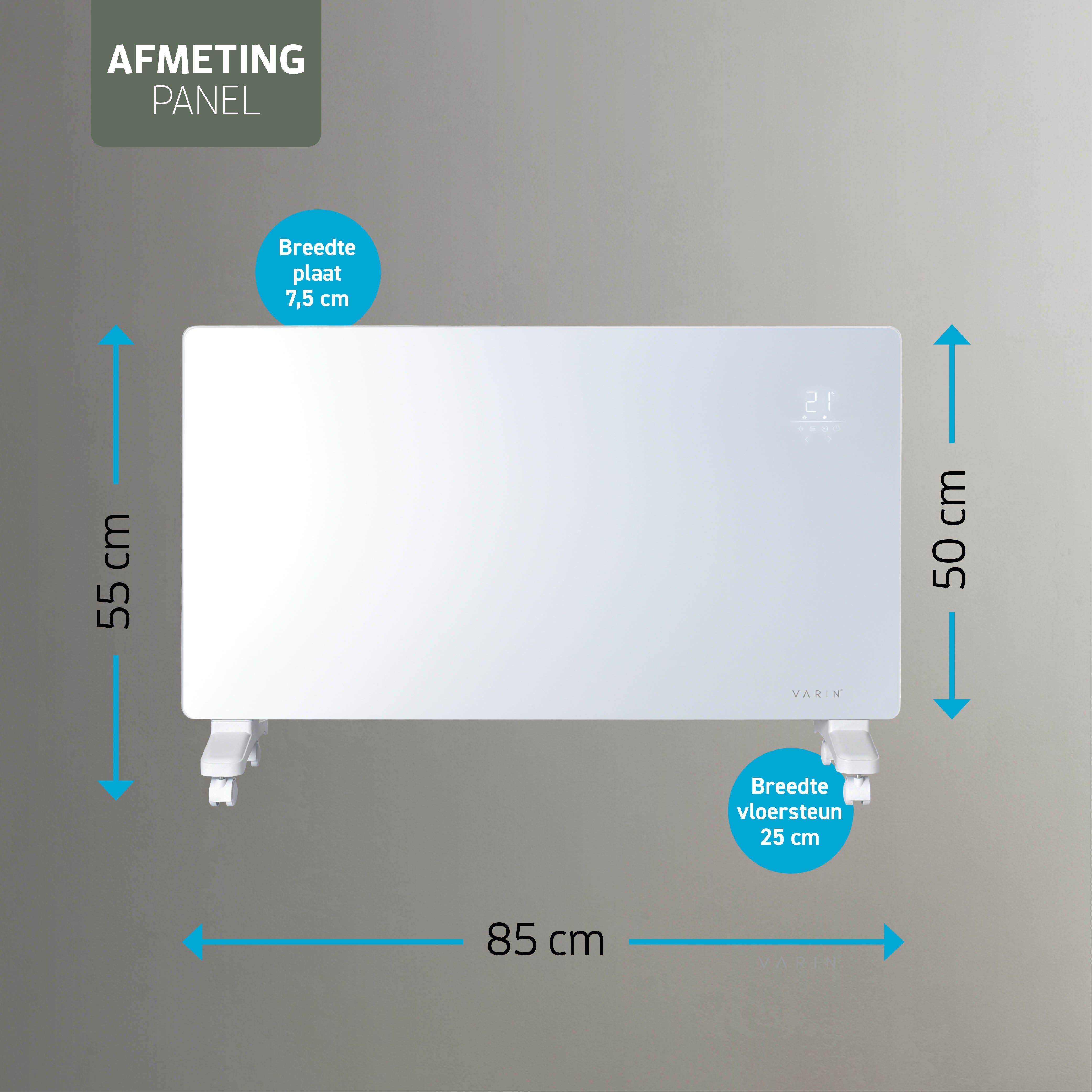 Varin® Smart Design Elektrische kachel - 2500W - 85x55cm - Wit glas  - IP24 - Tuya Wifi