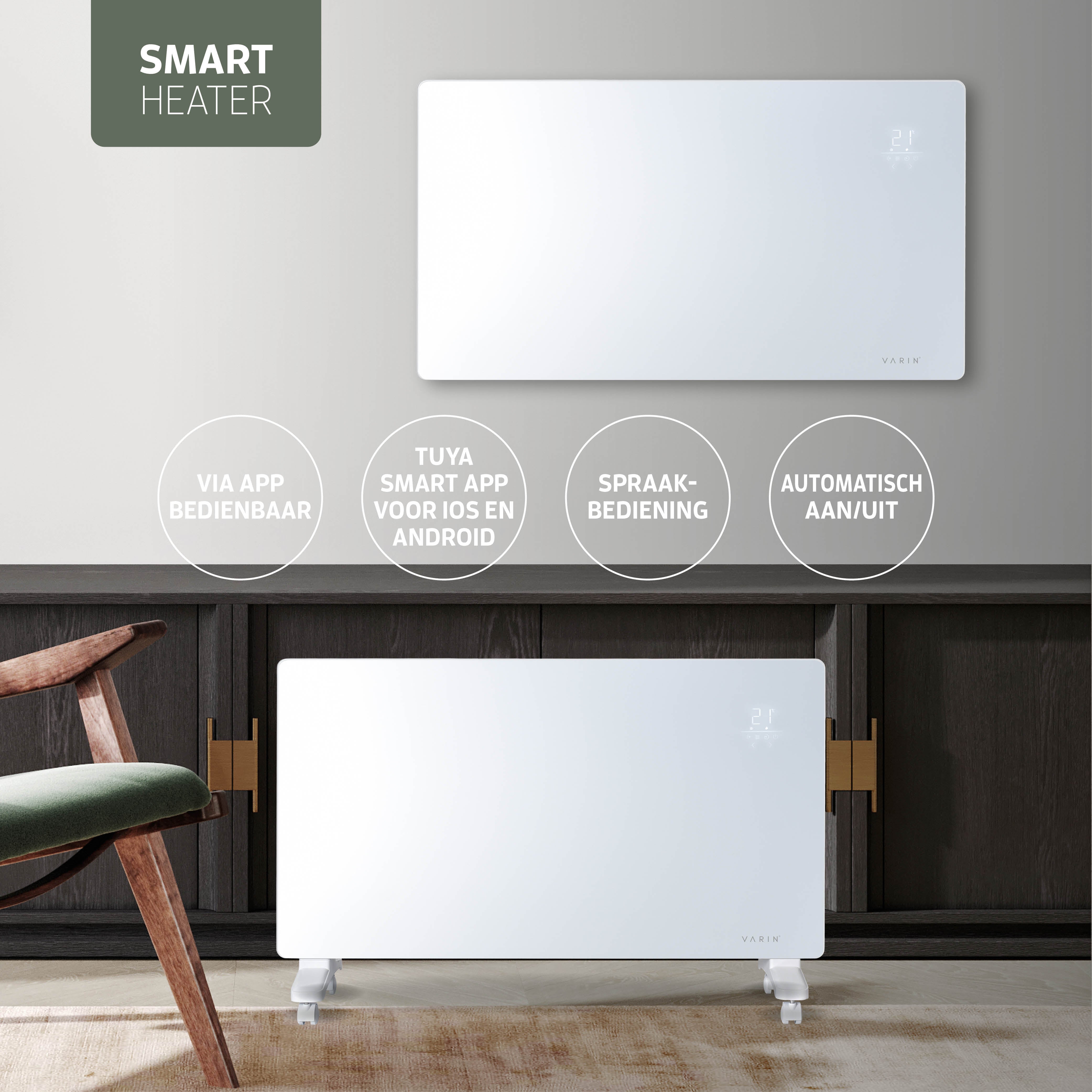 Varin® Smart Design Elektrische kachel - 2500W - 85x55cm - Wit glas  - IP24 - Tuya Wifi
