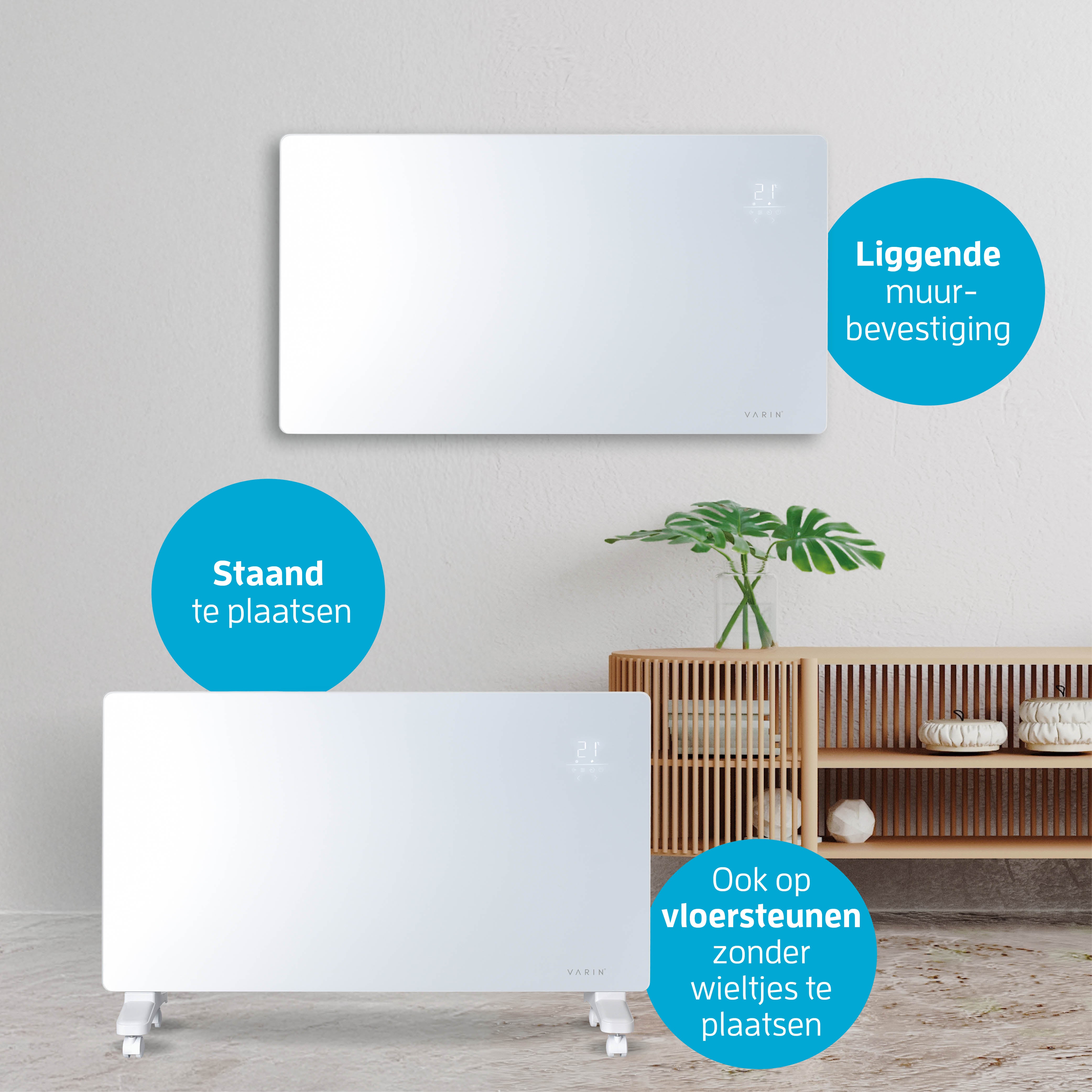Varin® Smart Design Elektrische kachel - 2500W - 85x55cm - Wit glas  - IP24 - Tuya Wifi