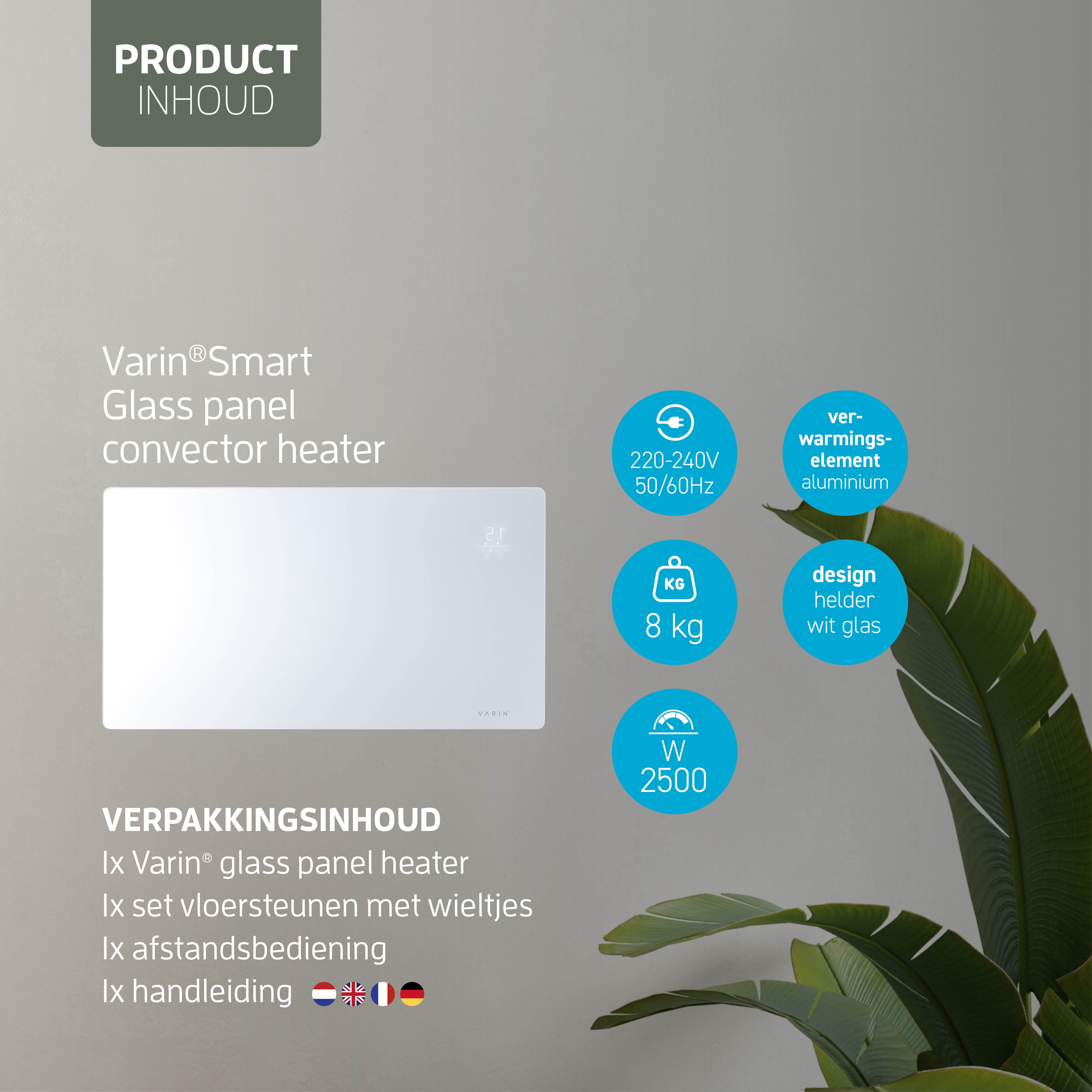 Varin® Smart Design Elektrische kachel - 2500W - 85x55cm - Wit glas  - IP24 - Tuya Wifi