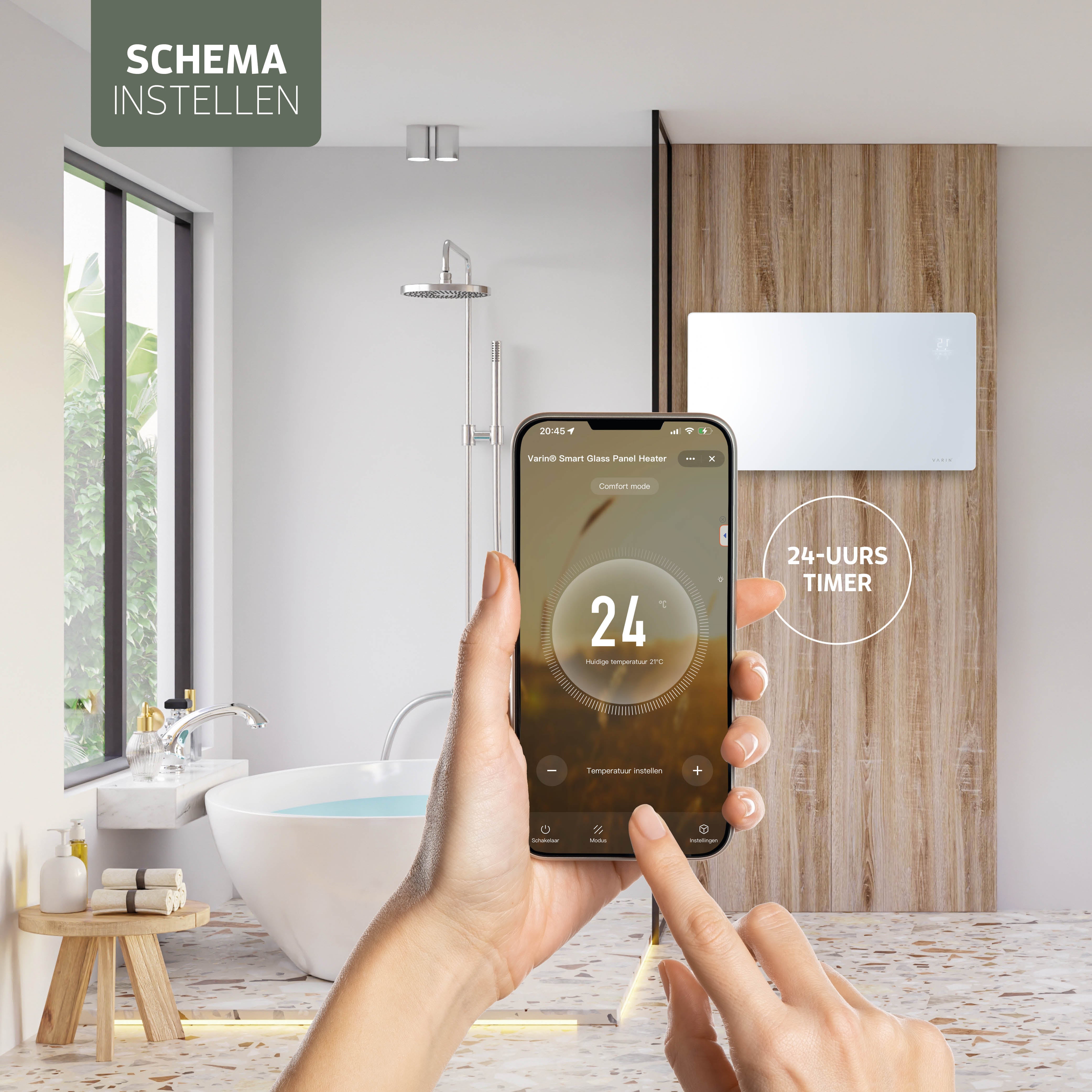 Varin® Smart Design Elektrische kachel - 2500W - 85x55cm - Wit glas  - IP24 - Tuya Wifi