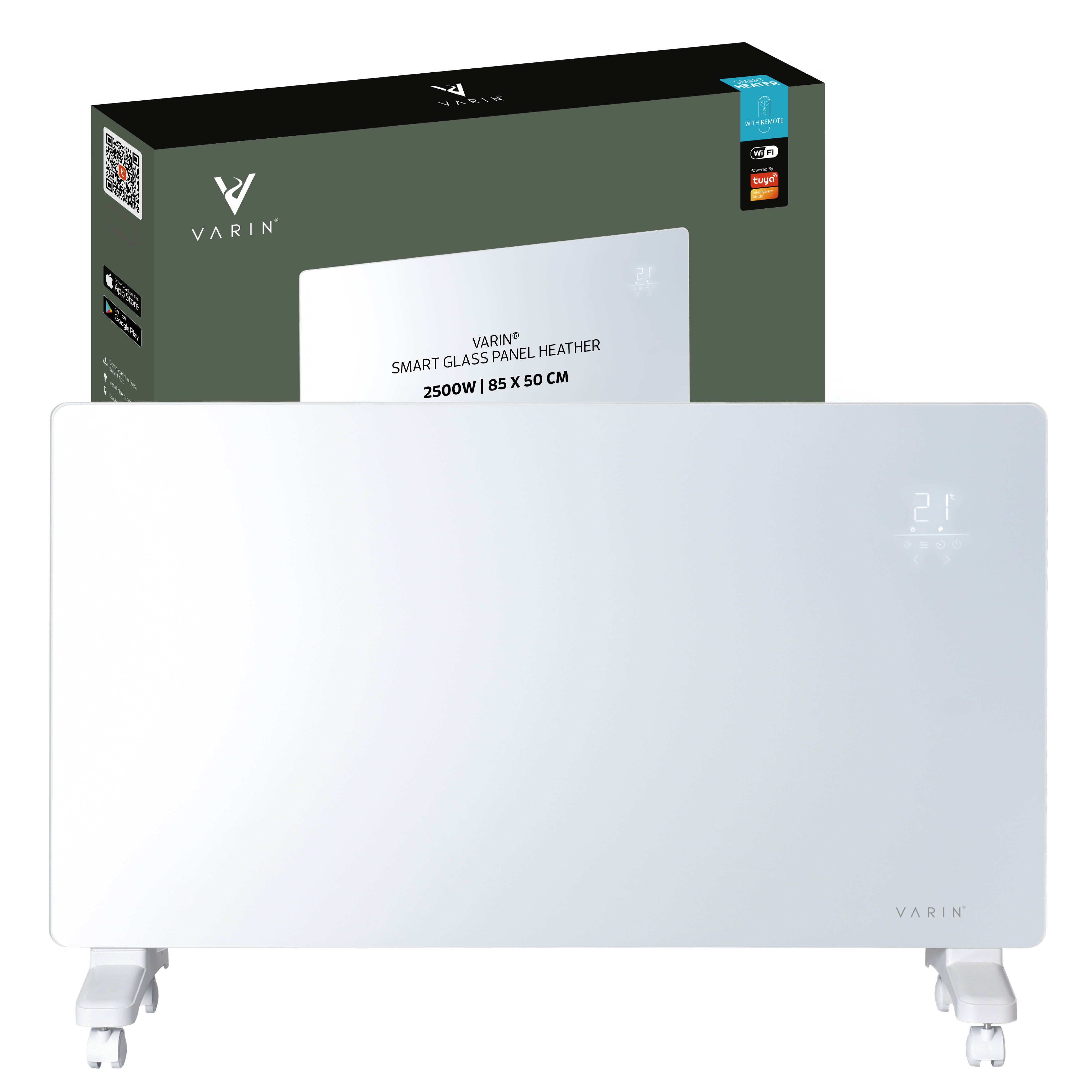 Varin® Smart Design Elektrische kachel - 2500W - 85x55cm - Wit glas  - IP24 - Tuya Wifi