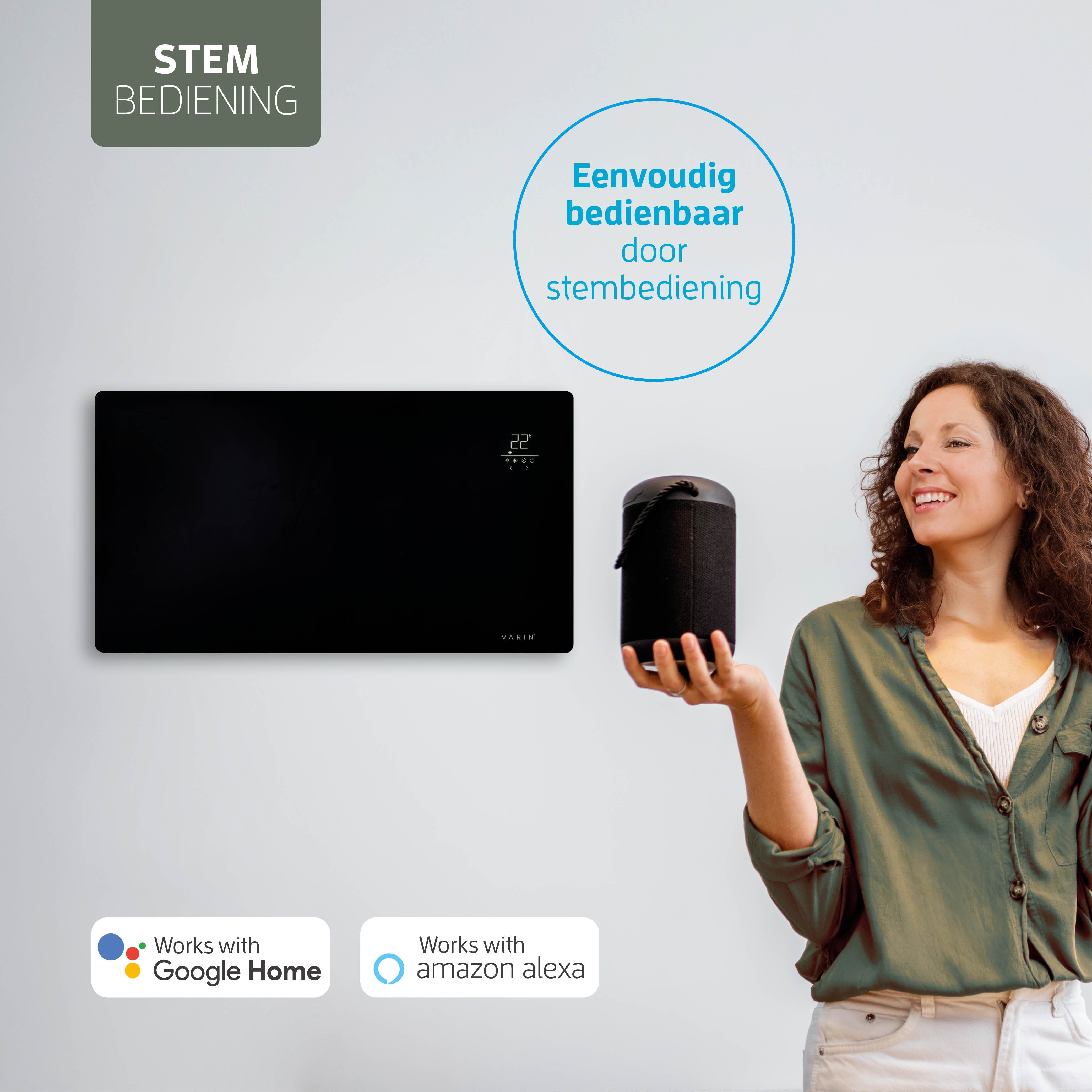 Varin® Smart Design Elektrische kachel - 2500W - 85x55cm - Zwart glas  - IP24 - Tuya Wifi