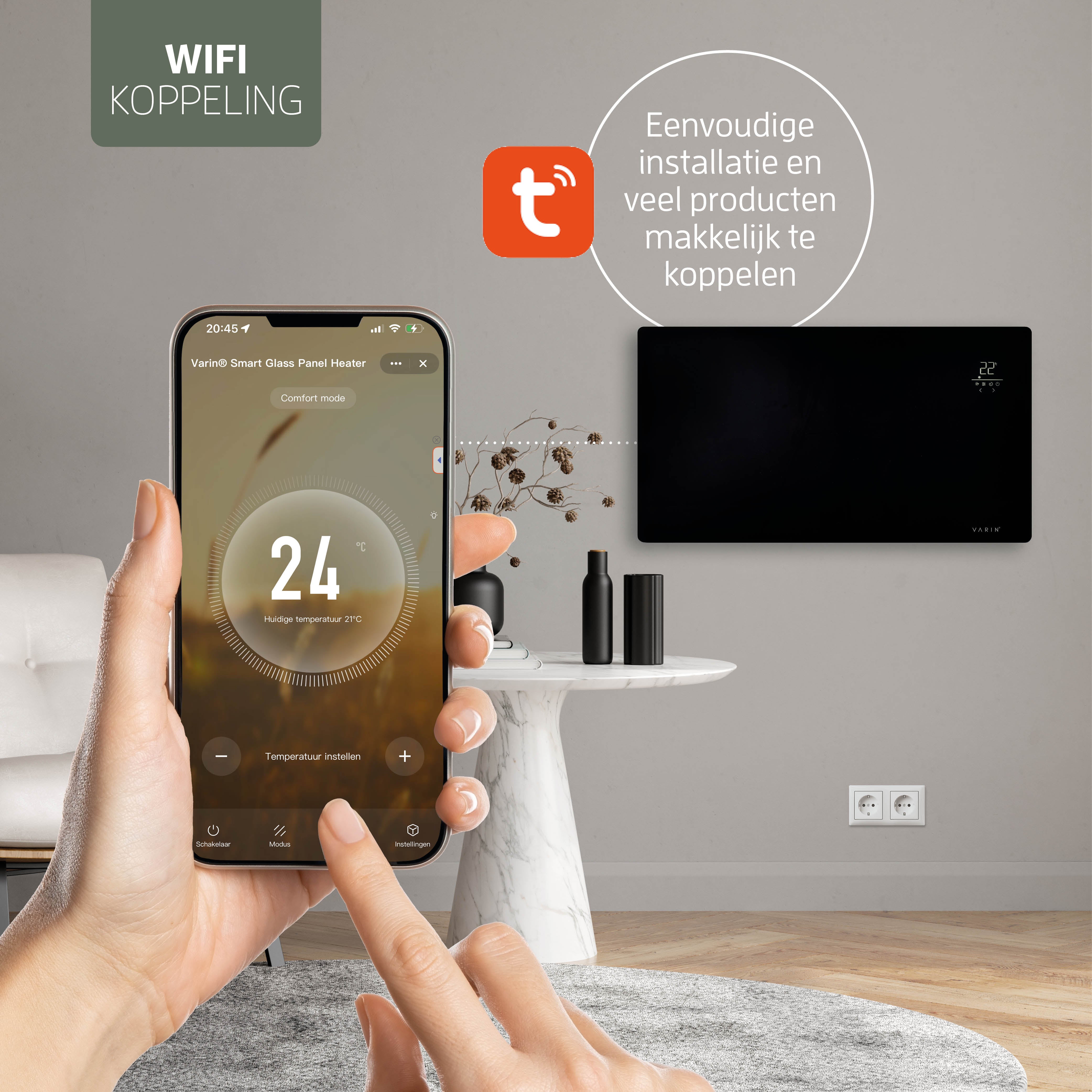 Varin® Smart Design Elektrische kachel - 2500W - 85x55cm - Zwart glas  - IP24 - Tuya Wifi