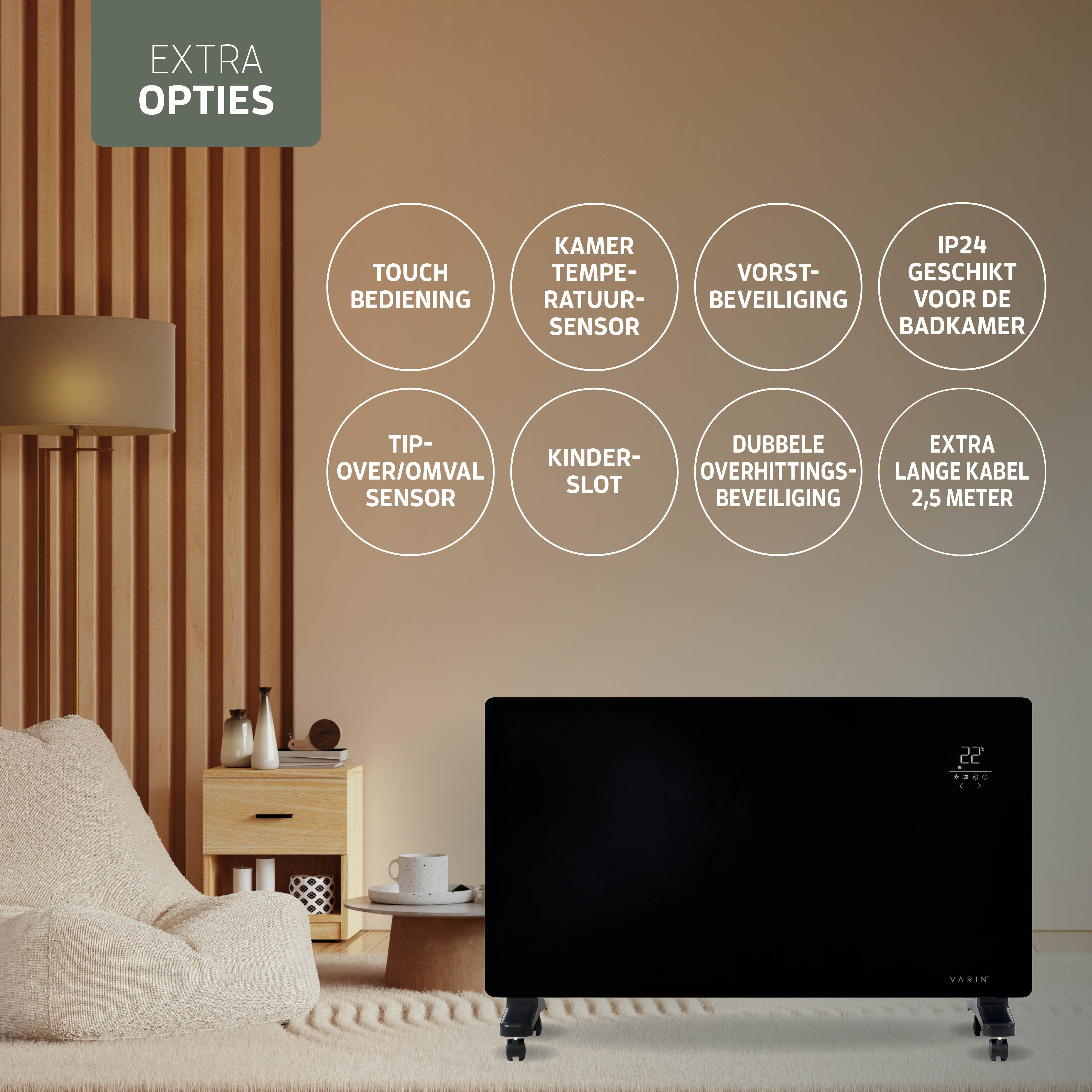 Varin® Smart Design Elektrische kachel - 2500W - 85x55cm - Zwart glas  - IP24 - Tuya Wifi